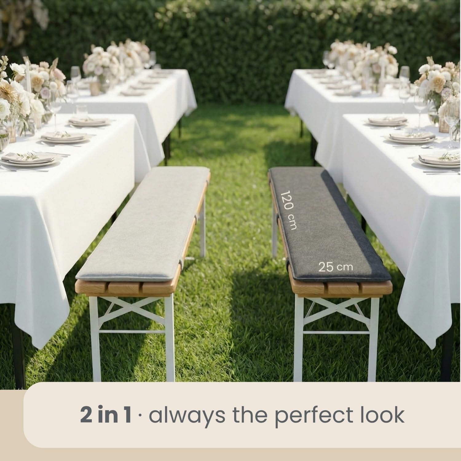 DuneDesign Lot de 2 Coussins Banc Brasserie en Feutre 120x25cm - Réversible Bicolore - Assise Pliable 10mm Épaisseur - Housse Siège Extérieur Jardin Pub Fête Oktoberfest Confort Terrasse Jardin Salon