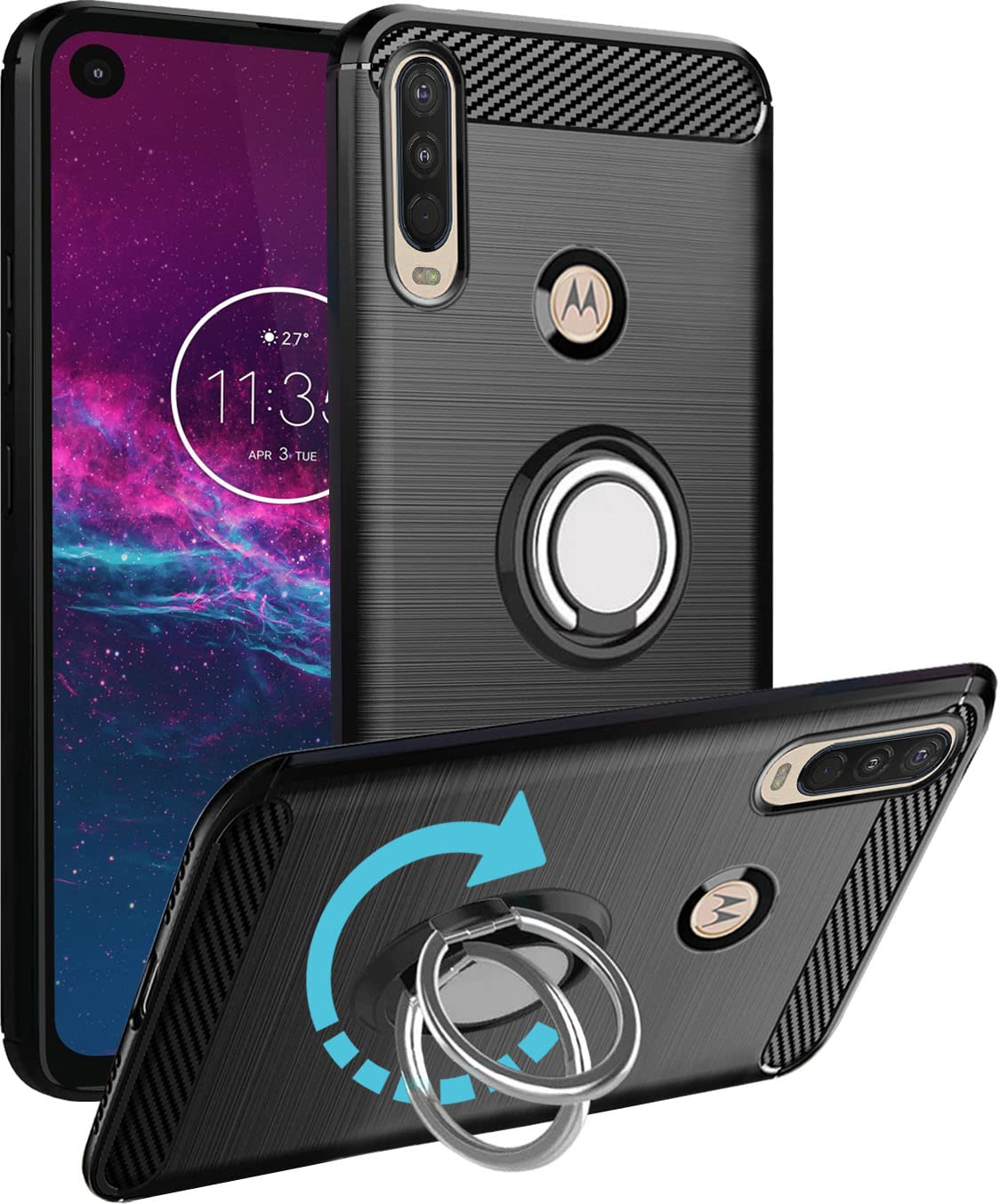 Unistuff Back Case Cover for Motorola One Action, Moto One Action, Motorola Moto One Action | Ring Stand | Premium Finish | Camera Protection - Night Black, 76564