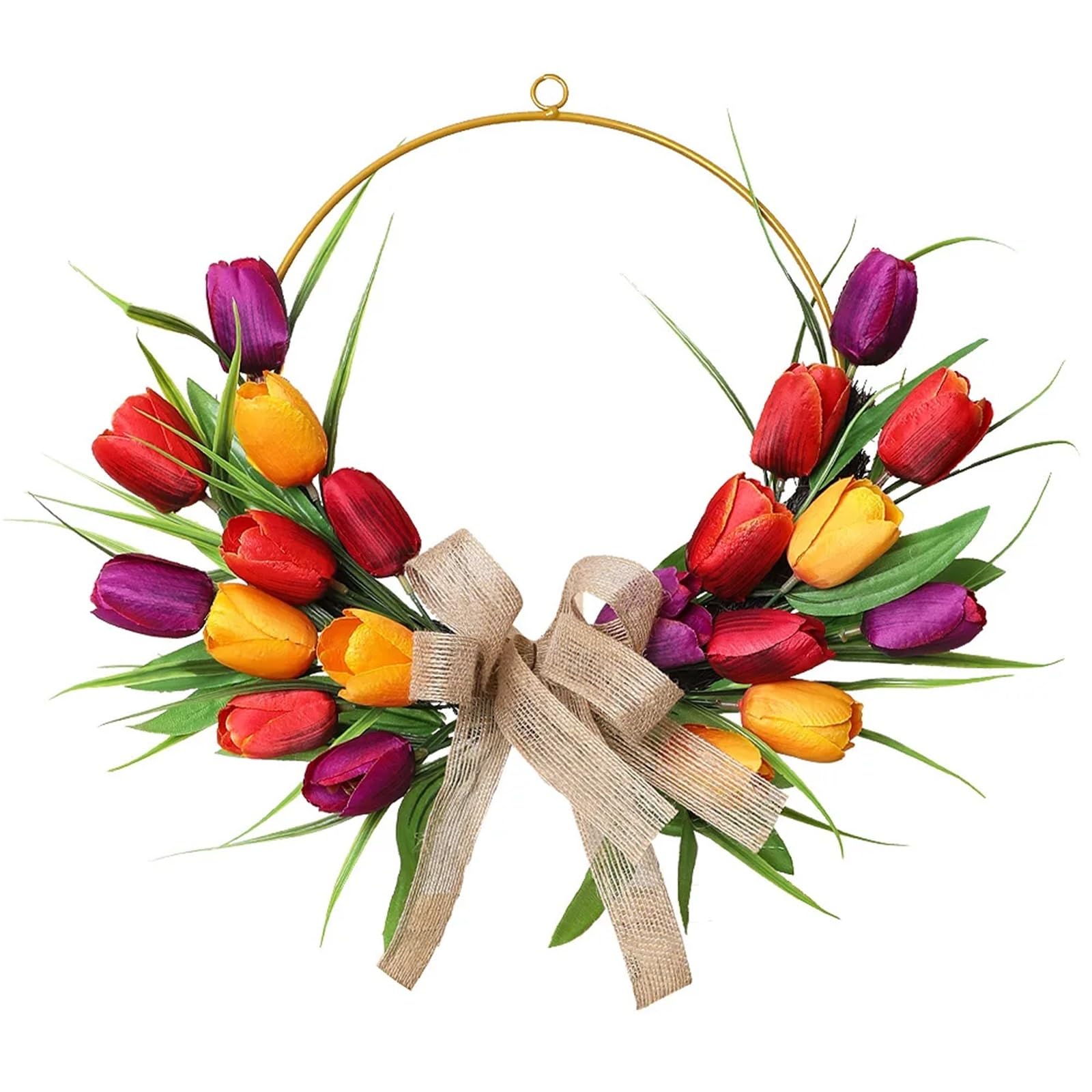 Door Wreath Artificial Tulip Wreath Room Decoration Valentine's Day Gold Hoop Floral Wreaths For Spring Easter Home Wall Front Door(Red Purple)