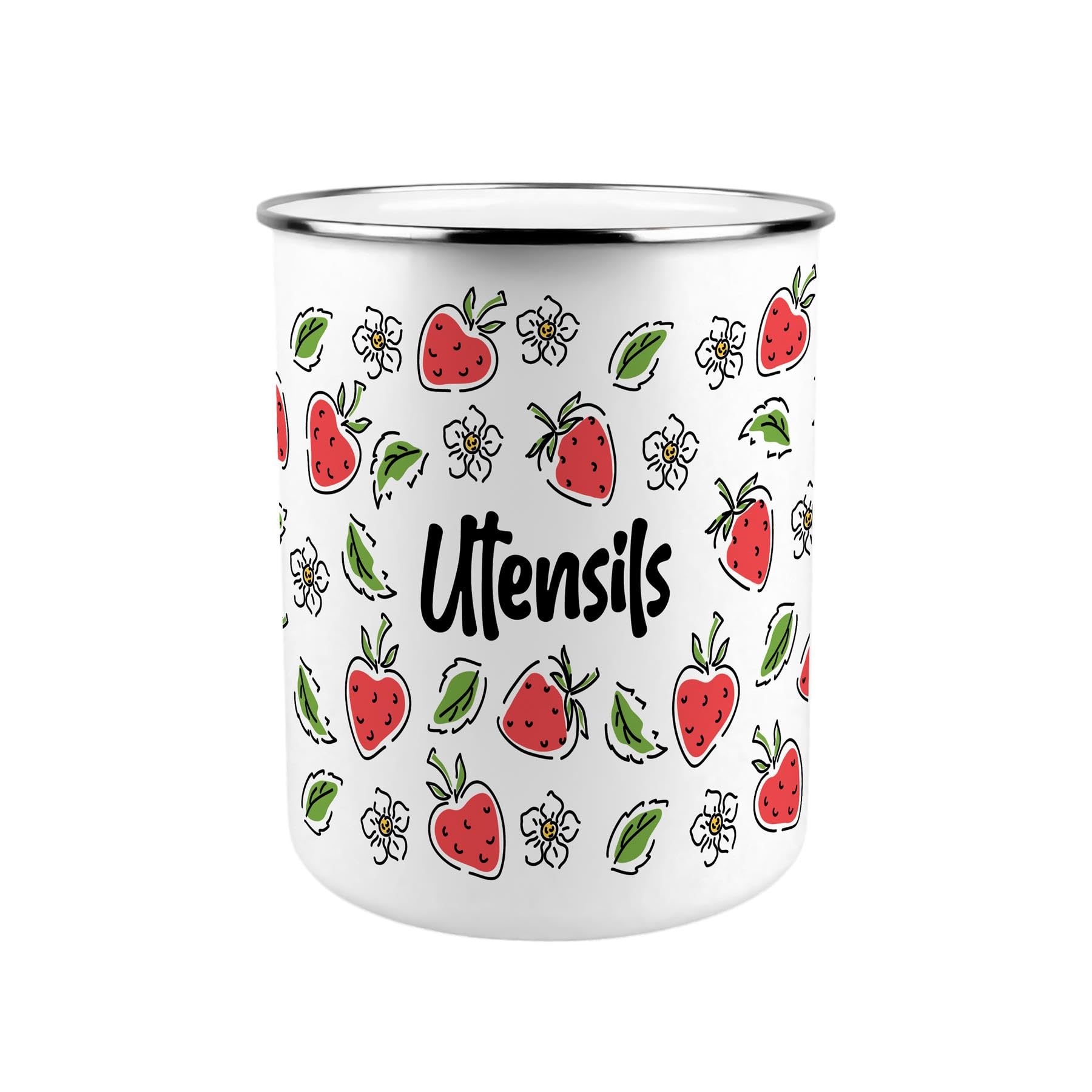 Purely Home Strawberry Flowers Metal Utensil Holder - XL Kitchen Utensil Pot/Organiser for Countertop Decor Gift 18x16.5cm