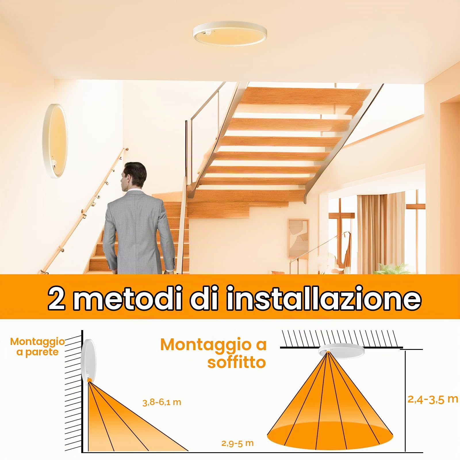 Eleganted 2PC Plafoniera con Sensore di Movimento, 1600 lm Rotonda Plafoniere con Sensore Crepuscolare, 3000K/4000K/6000K, Ø22CM, per Corridoio, Ingresso, Scala