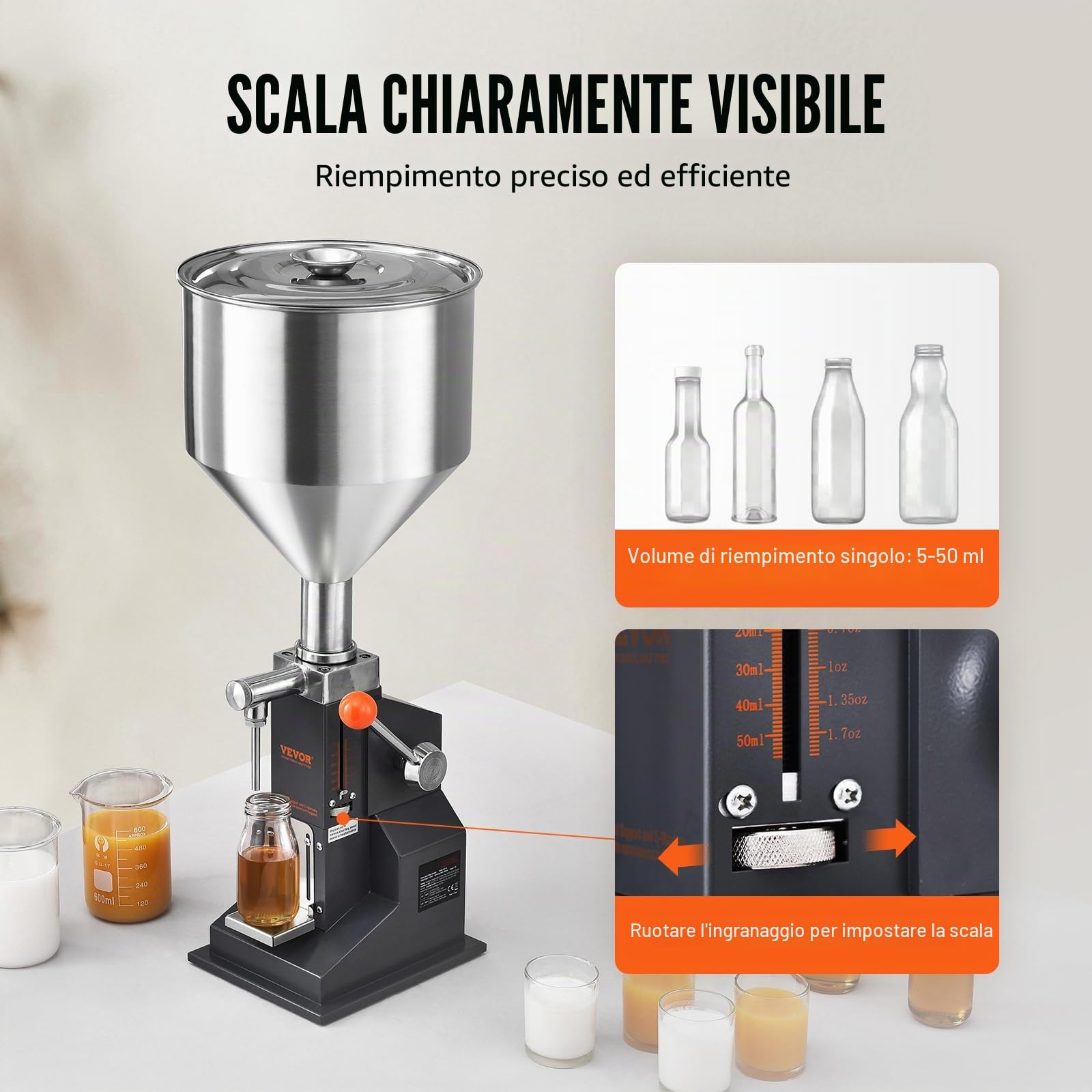 VEVOR Riempitrice Manuale Liquidi Riempitrice Manuale 5-50 ml, Riempitrice Regolabile in Acciaio Inossidabile con Tramoggia per Latte, Acqua, Succo, Olio Essenziale, Shampoo, Miele, Crema Cosmetica