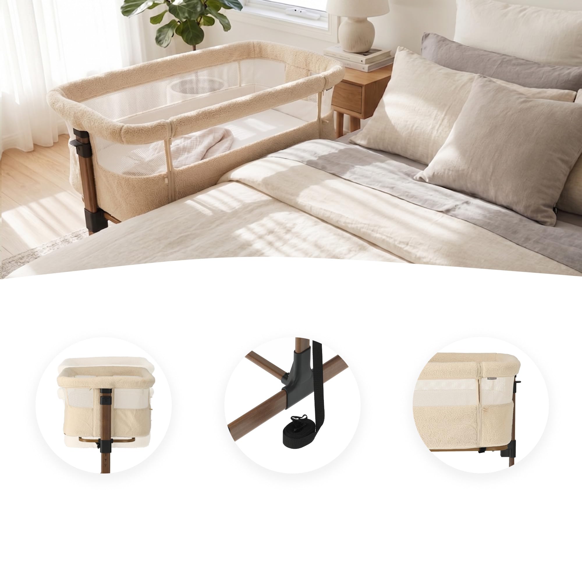 Deryan Snoozy Teddy Co-Sleeper łóżeczko dziecięce 3 w 1, do 9 kg, łóżeczko pomocnicze, kołyska, regulacja wysokości i nachylenie materaca, 4 kółka z hamulcem, ergonomiczna torba na materac, nugat