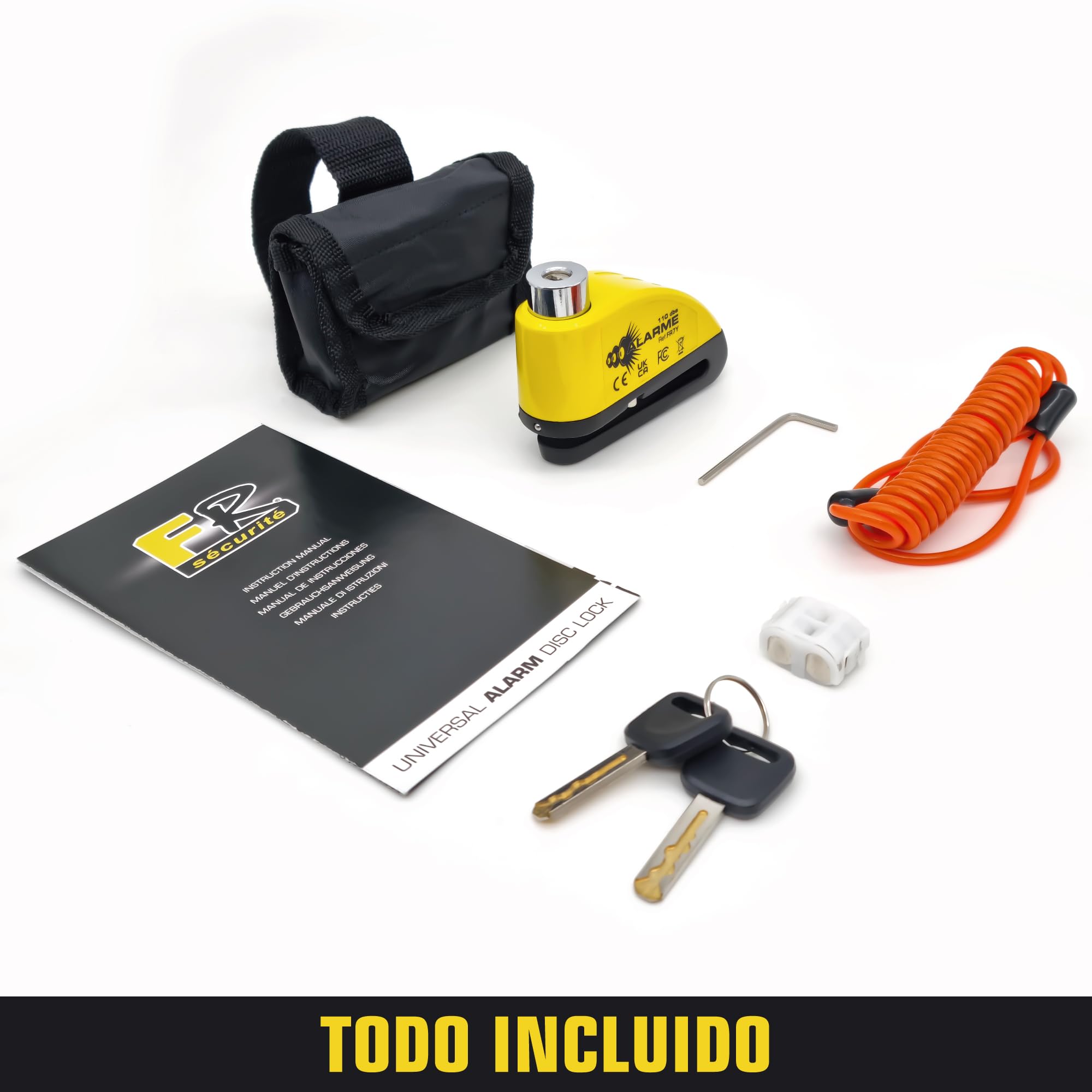 FR Sécurité FR7Y Candado Moto Disco con Alarma 110 DB, Antirrobo Moto Freno 7mm con Accesorios 1.5m Cable Recordatorio y Candado Bolsa, Pinza Moto Antirrobo para Motocicletas Bicicleta
