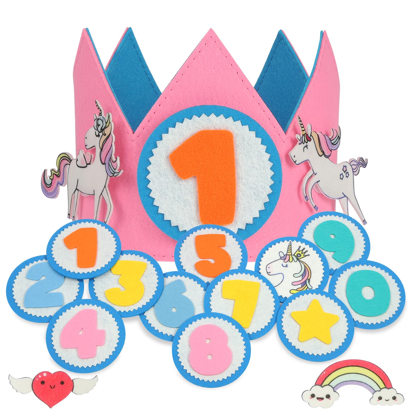 URAQT Birthday Crown for Kids, Reusable Party Hat Crown with Interchangeable Number from 0 to 9 and Unicorn Felt, Felt Happy Birthday Hat, Tiara Headbands Gifts for Boys Girls, Pink