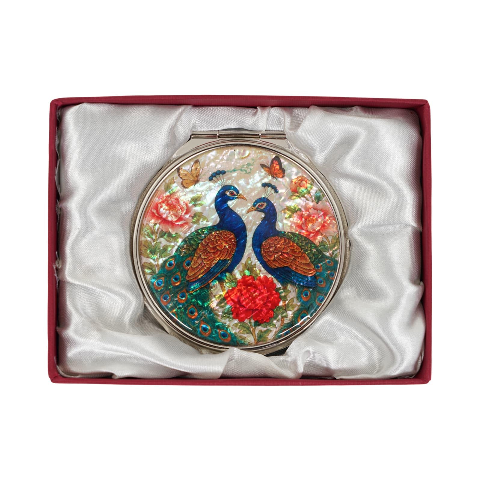 February Mountain Mother of Pearl Compact Mirror – Dual Magnification Gift for Women, Mom, Sister – Birthday or Christmas Idea (1, Twin Peacocks)