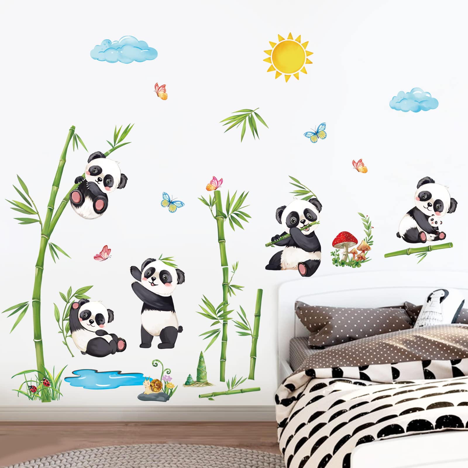 decalmile Panda and Bamboo Wall Stickers Animals Wall Decals Kids Bedroom Playroom Baby Nursery Wall Decor