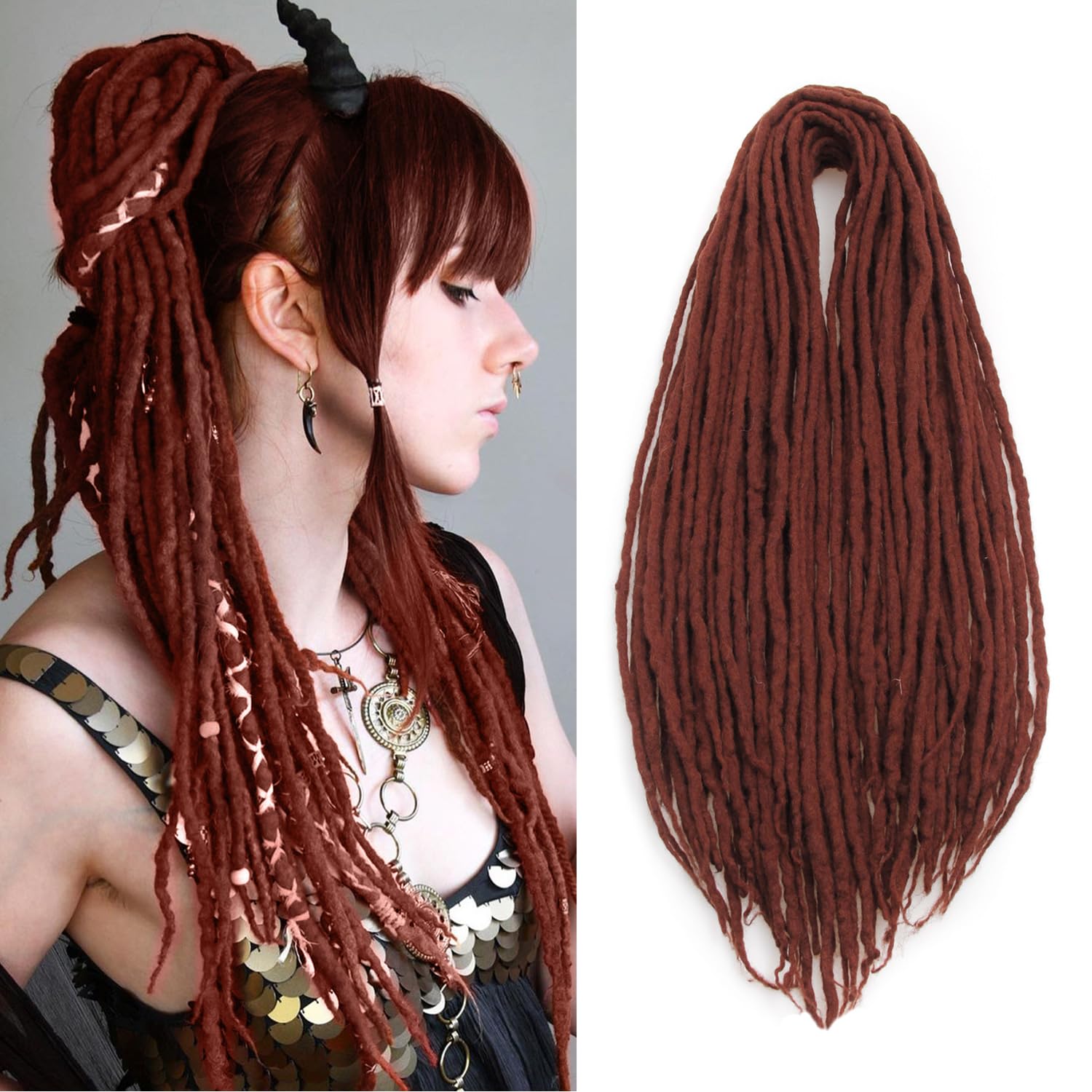 DATSRXI 20 Inch Dark Brown Wool Dreadlock Extensions - 20 Strands Dreadlocks Extension, Handmade Dreads Extension, Dread Locks Hair Extensions, Clip