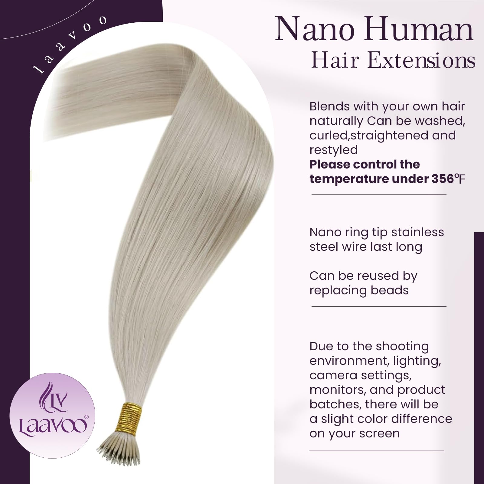 LaaVoo Nano Hair Extensions Real Human Hair Blonde Nano Beads Hair Extensions 24 Inch Platinum Blonde Invisible Nano Ring Straight Remy Hair 50g 50s #60 - Image 4