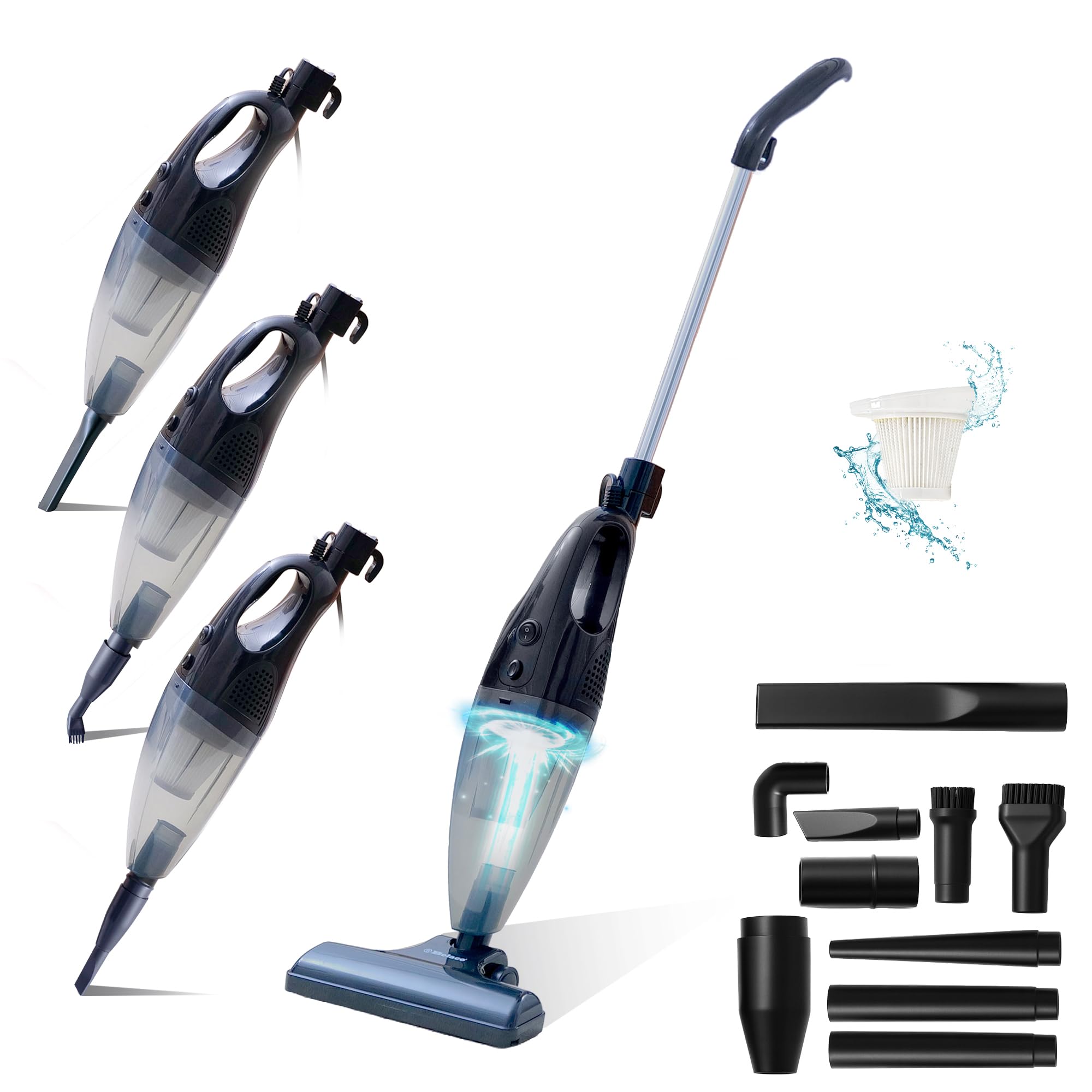 – 700W Corded Stick Vacuum Cleaner, Powerful All in 1 Upright & Handheld Vacuum with HEPA Filter, 1.2L Dust Cup, 11 Attachments, 5m Cable for Home & Car - Black