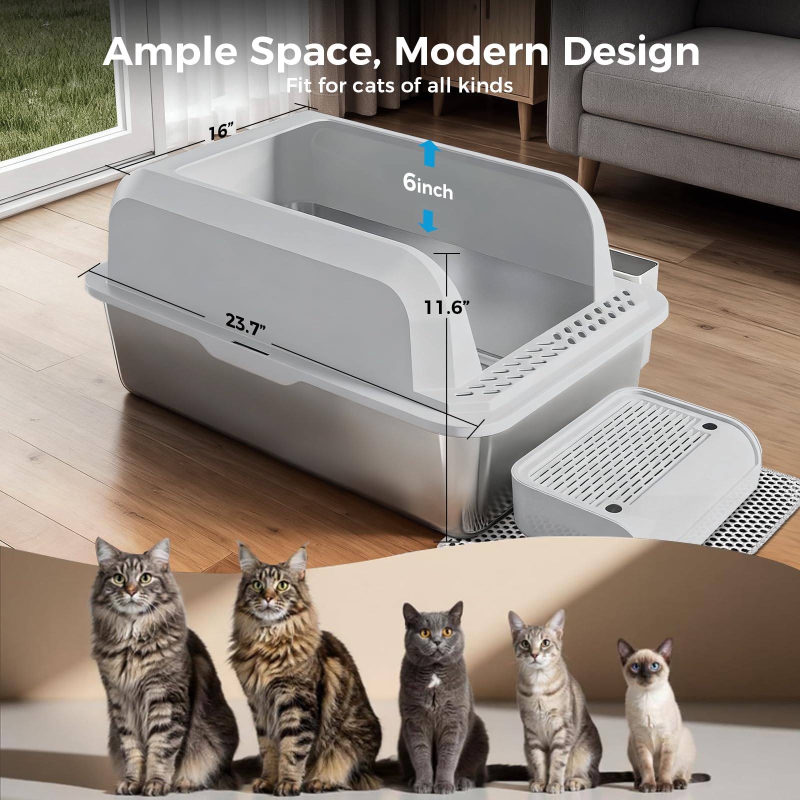 GTPLAYER Stainless Steel Cat Litter Box XL - Extra Large High-Sided Open-Top Metal Litter Box for Large & Multi-Cat Homes, Splash Guard, Low Entry, Easy Clean 304 Steel with Step, Mat & Scoop, White - image 2