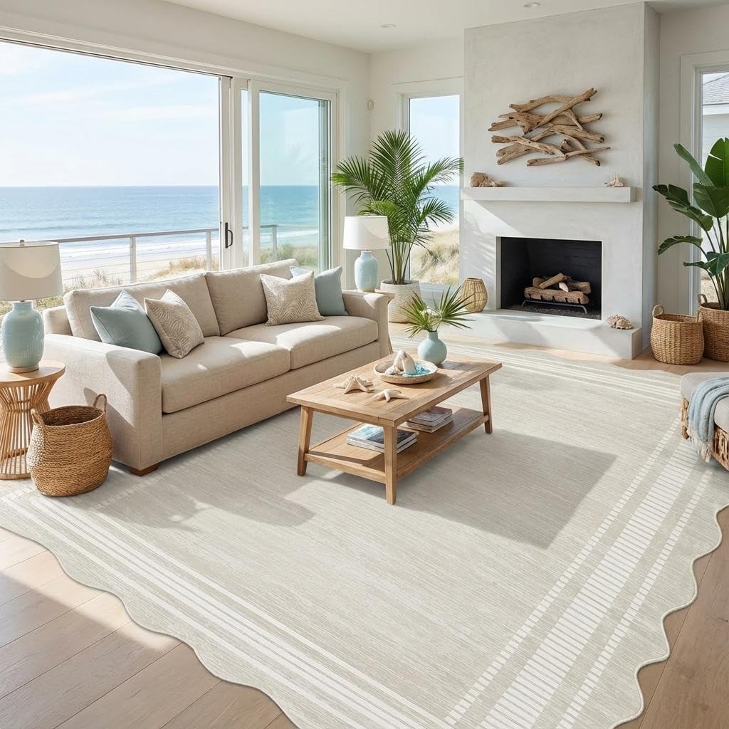 GarveeHome Scalloped 5x7 Area Rugs for Living Room, Washable Modern Bordered Solid Rug for Bedroom, Scalloped Non-Slip Stain Resistant Rug for Dining Room Home Office Dorm, Cream