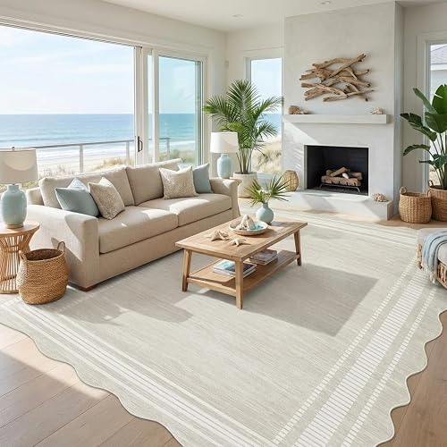 GarveeHome Scalloped 9x12 Area Rugs for Living Room Non-Slip, Modern Neutral Washable Rugs for Bedroom Large Solid Farmhouse Rug Bordered Carpet for Apartment Table Dorm Nursery, Cream 9x12