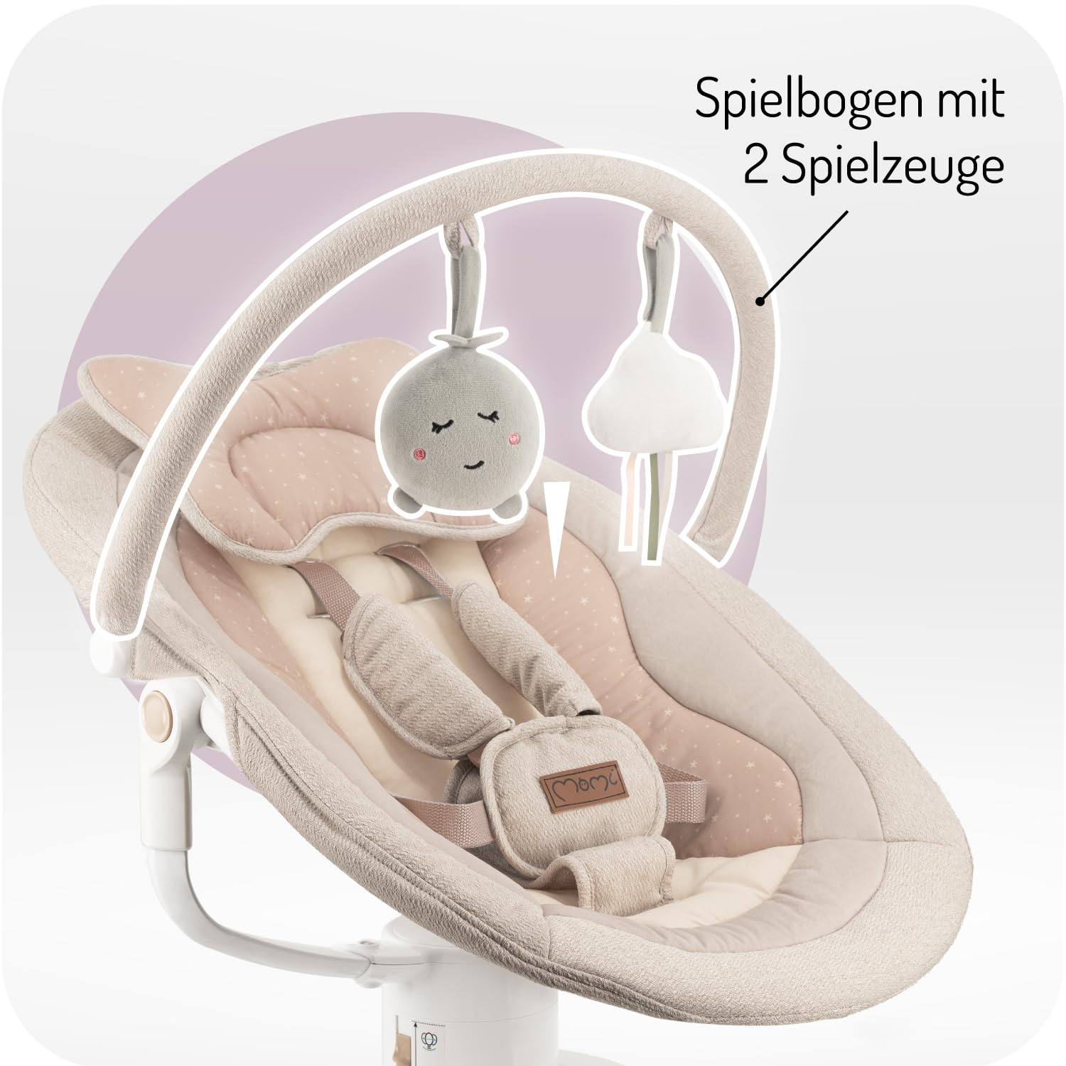 MoMi Babywippe PEARL für Babys bis 9 kg, 360° drehbarer Sitz, LED-Panel, Bluetooth, Fernbedienung, Batterie- oder Netzbetrieb, Netzteil mit USB-Kabel, 5-Punkt-Sicherheitsgurt, Bügel und Spielzeug
