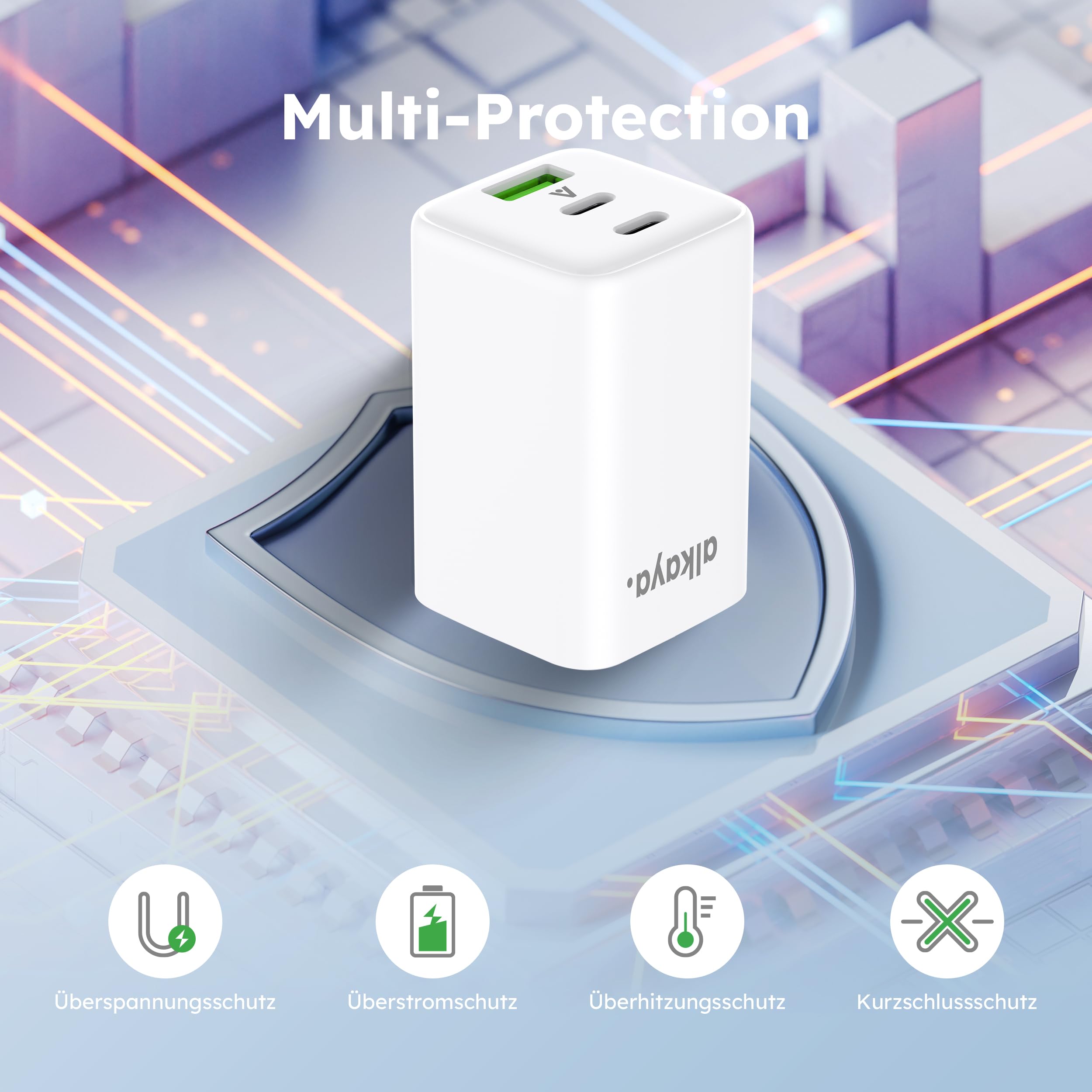 USB-C+C+A, caricabatterie rapido Apple, Samsung, Xiaomi, Huawei, Sony, Google spina di ricarica a 3 porte, colore bianco