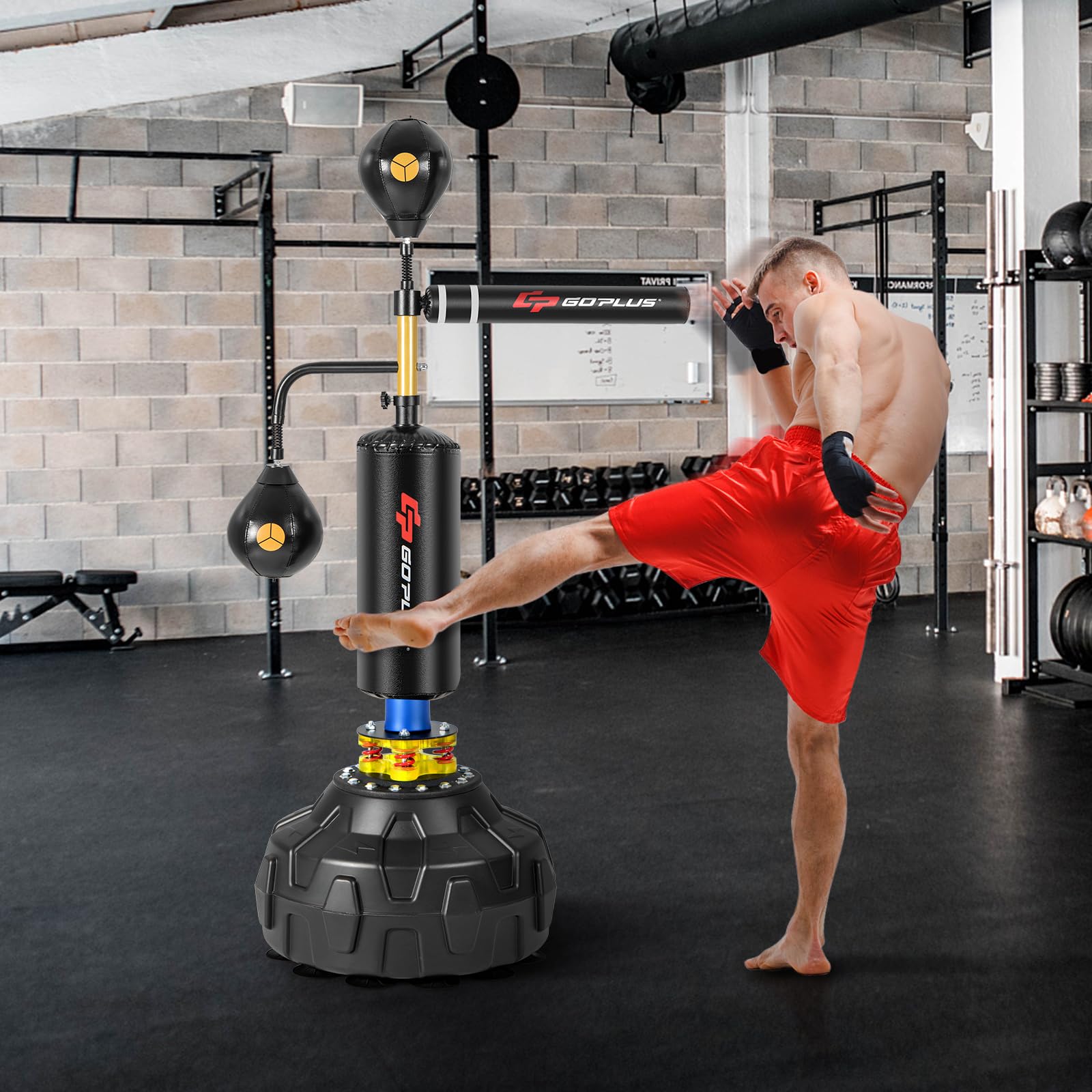 GOPLUS Saco de Boxeo de Pie Profesional, Entrenador de Velocidad de Boxeo con Soporte, 2 Peras de Velocidad, Barra Giratoria, Equipo de Fitness de Altura Ajustable, Base Rellenable para Adulto