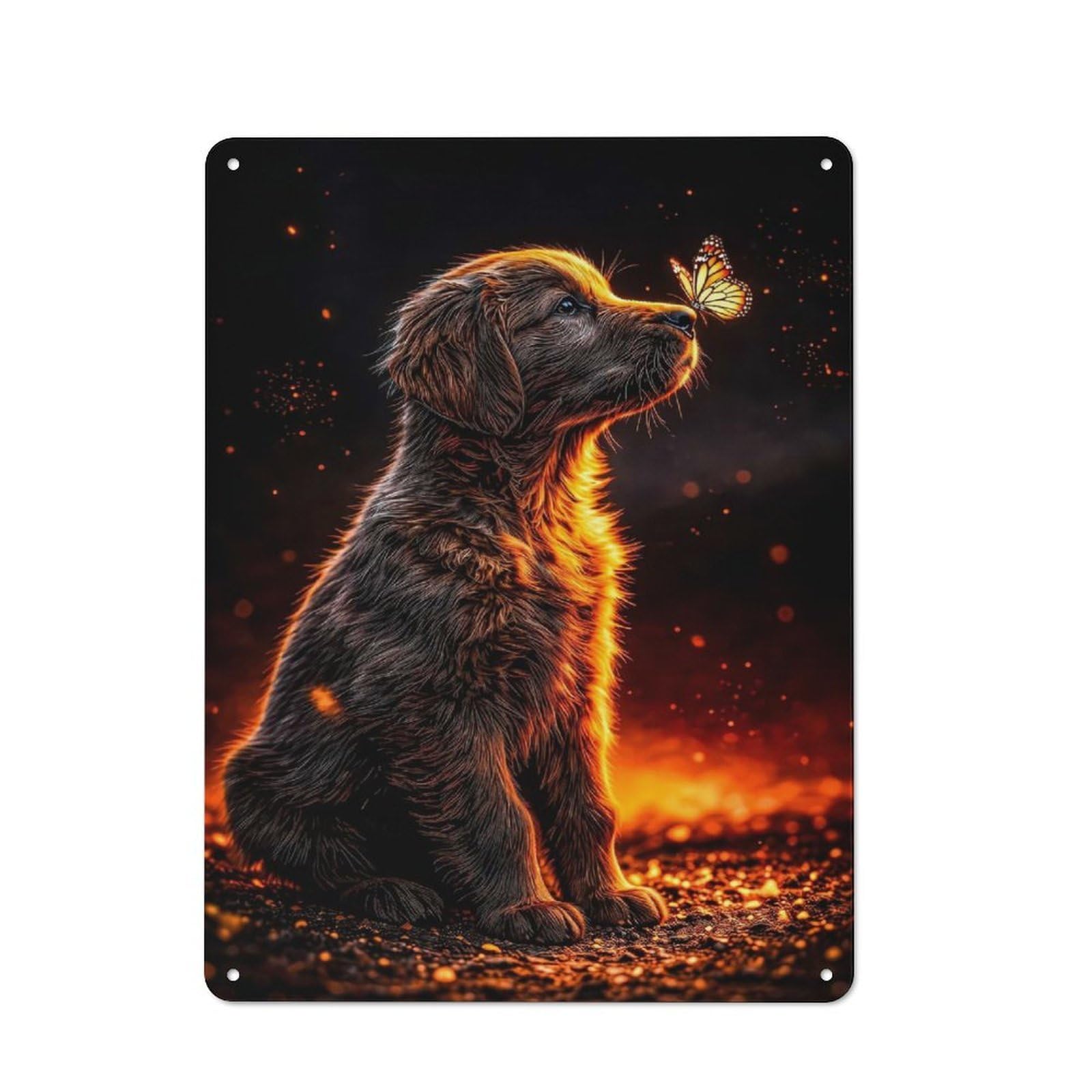 Junmoney Style-13 Retro-Style Tin Sign 40X30cm Featuring Puppy And Butterfly In Fiery Glow For Hallway Wall, For Garage, Workshop And Man Cave Decoration