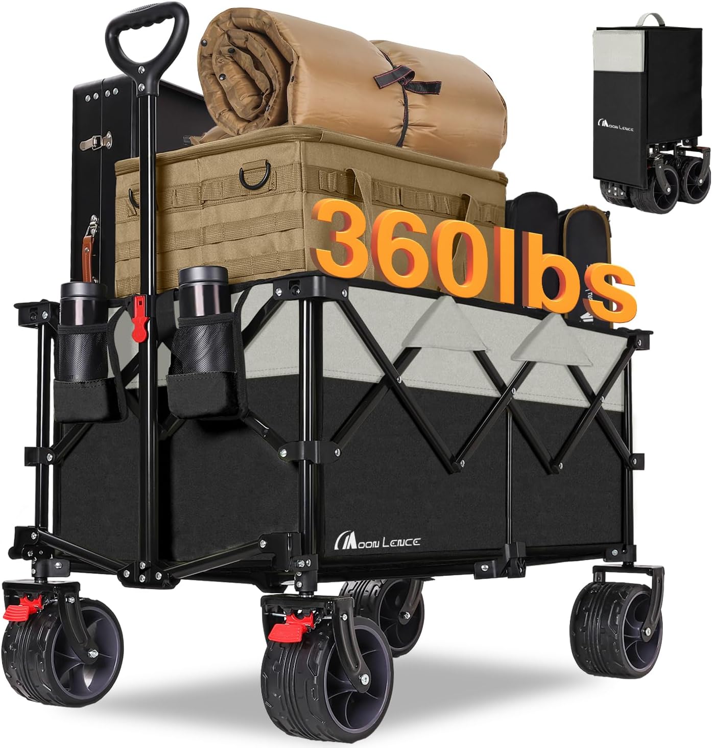 MOON LENCE Collapsible Foldable Wagon Cart, 220L Large Weight Capacity Folding Utility Wagon with All-Terrain Big Wheels, Utility Cart Wagon for Garden, Grocery, Shopping, Camping, Beach, Picnics