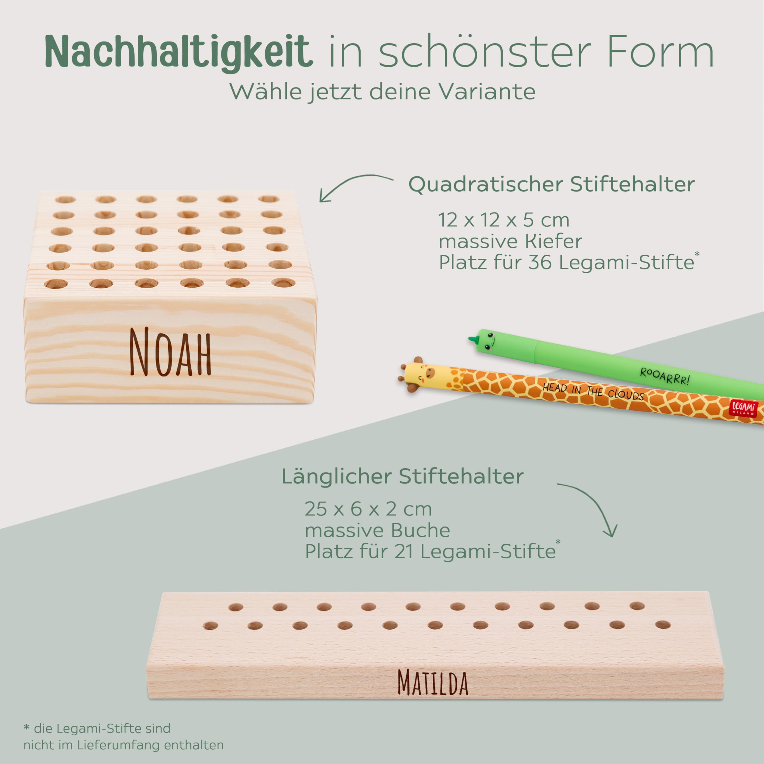 wunderwunsch Stiftehalter für Legami und co aus stabilem Holz, Stifthalter für Buntstifte Kinder Schreibtisch als Geschenk zur Einschulung und Grundschule (mit Name, quadratisch)