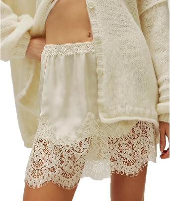 KOSUSANILL Women Satin Silk Mini Skirt with Lace Trim Low Rise A Line Lace Half Silp Skirt for Layering Y2K Flowy Underskirts