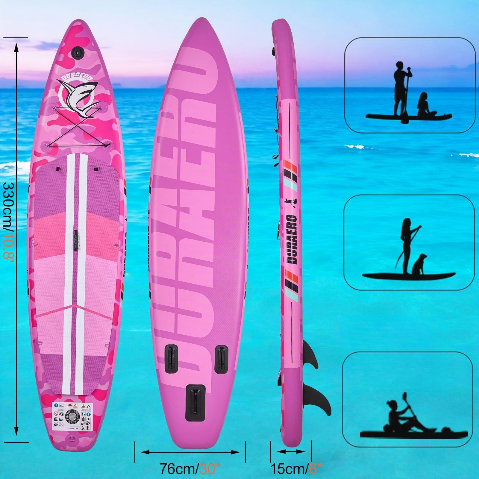 Stand up Paddle Gonflable Planches gonflables, siège Kayak,330 x 76 x 15 cm, jusqu'à 150 kg, Support GO-Pro,Pad intégré, 3 Ailes, Double pagaie réglable, Accessoires complets, Pink