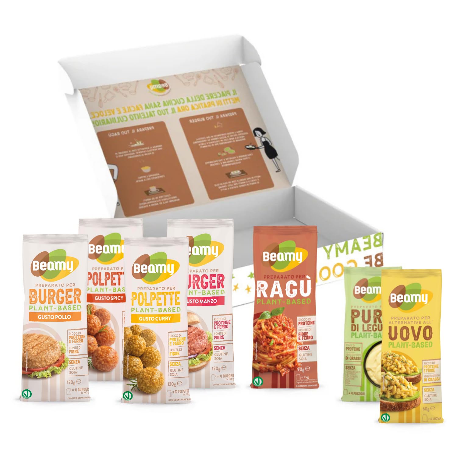Beamy, Box 7 Preparati Vegetali, per Burger, Polpette, Ragù, Purè e Alternative all'Uovo Plant-Based, Senza Glutine, 710 g