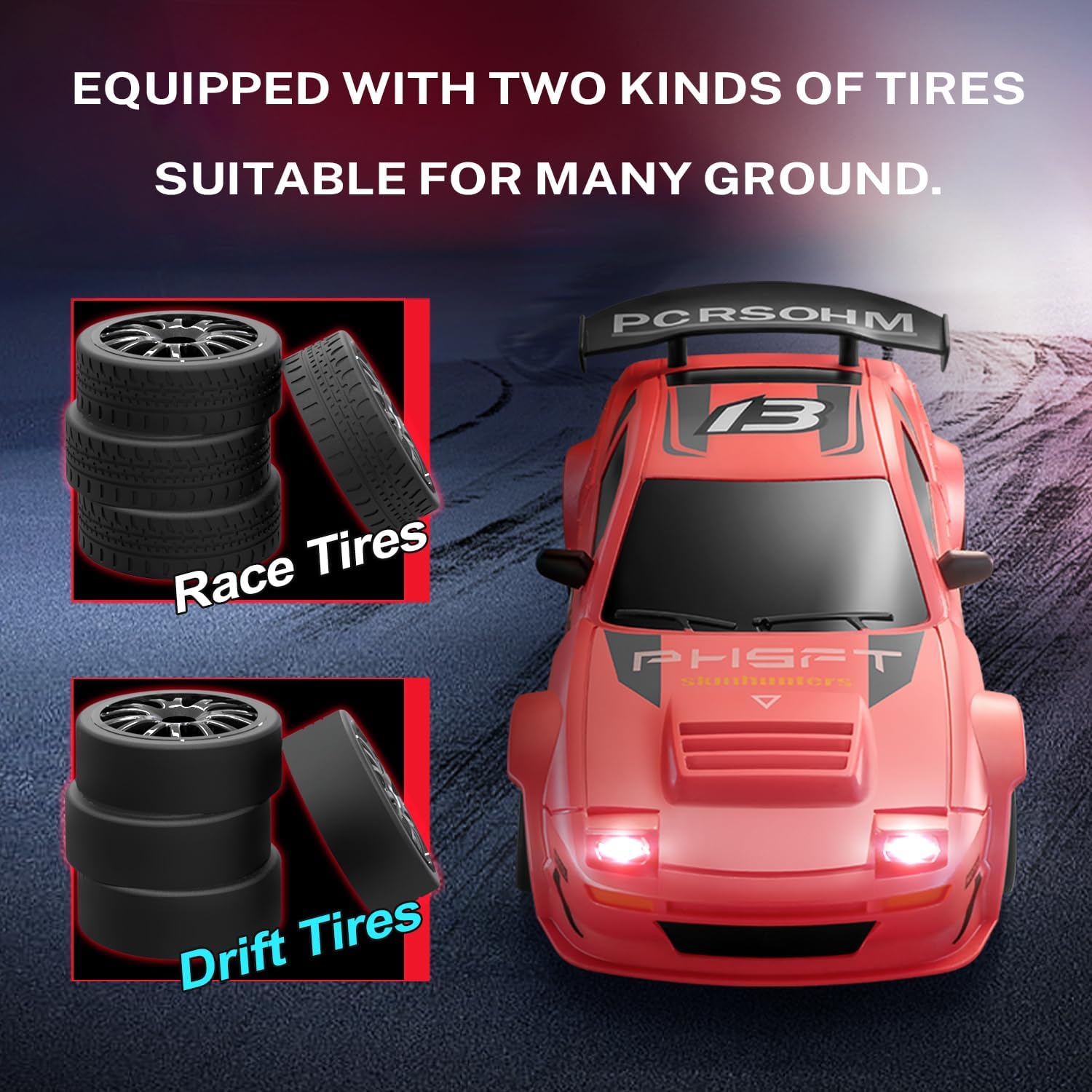 Red ACAMMZAR RC Drift Car with separate racing and drift tires