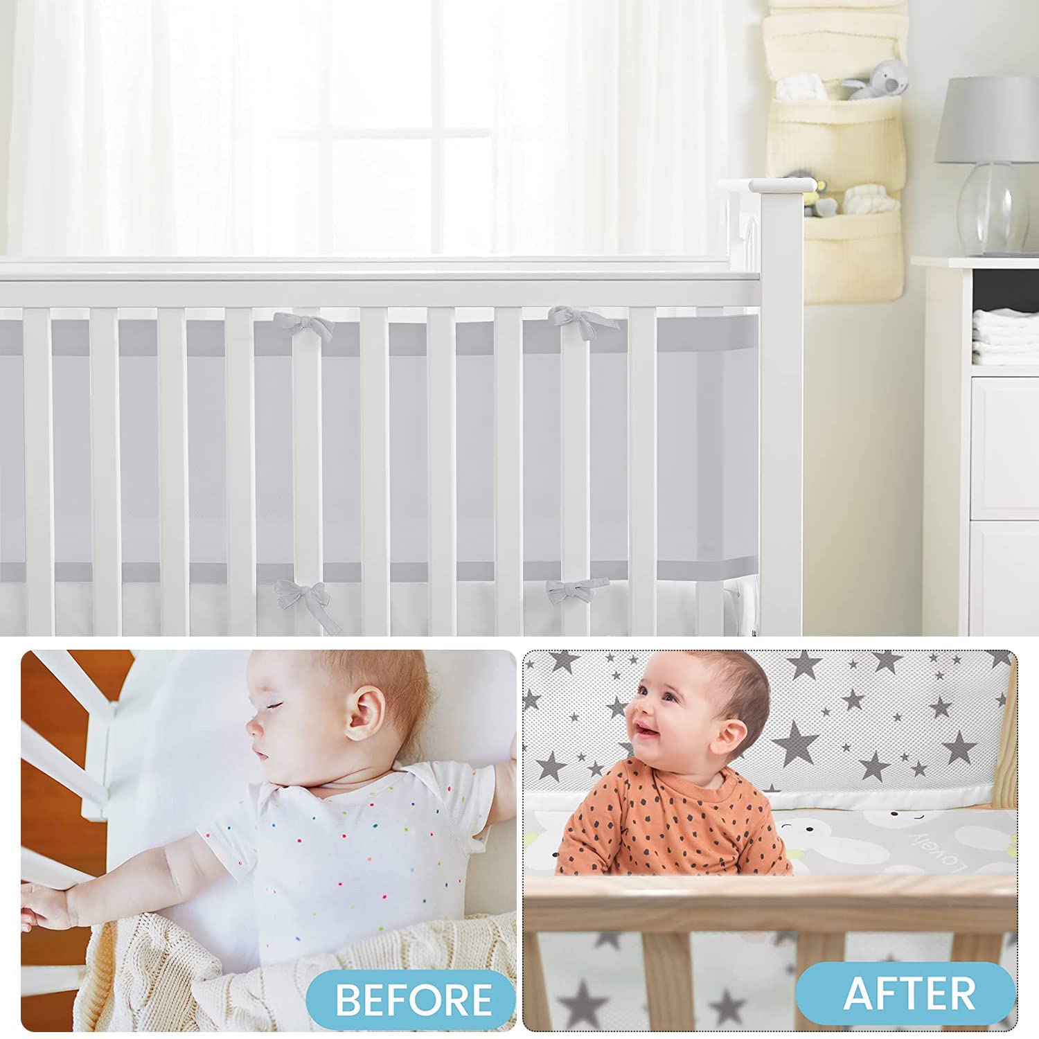 Bettumrandung Babybett,2 Pack Baby Nestchen Bettumrandung,Kopfumrandung Babybett,Atmungsaktive Krippenumrandung,Babybett Atmungsaktiver Kollisionsschutz,Nestchen für Kinderbetten,Babybett Umrandungen