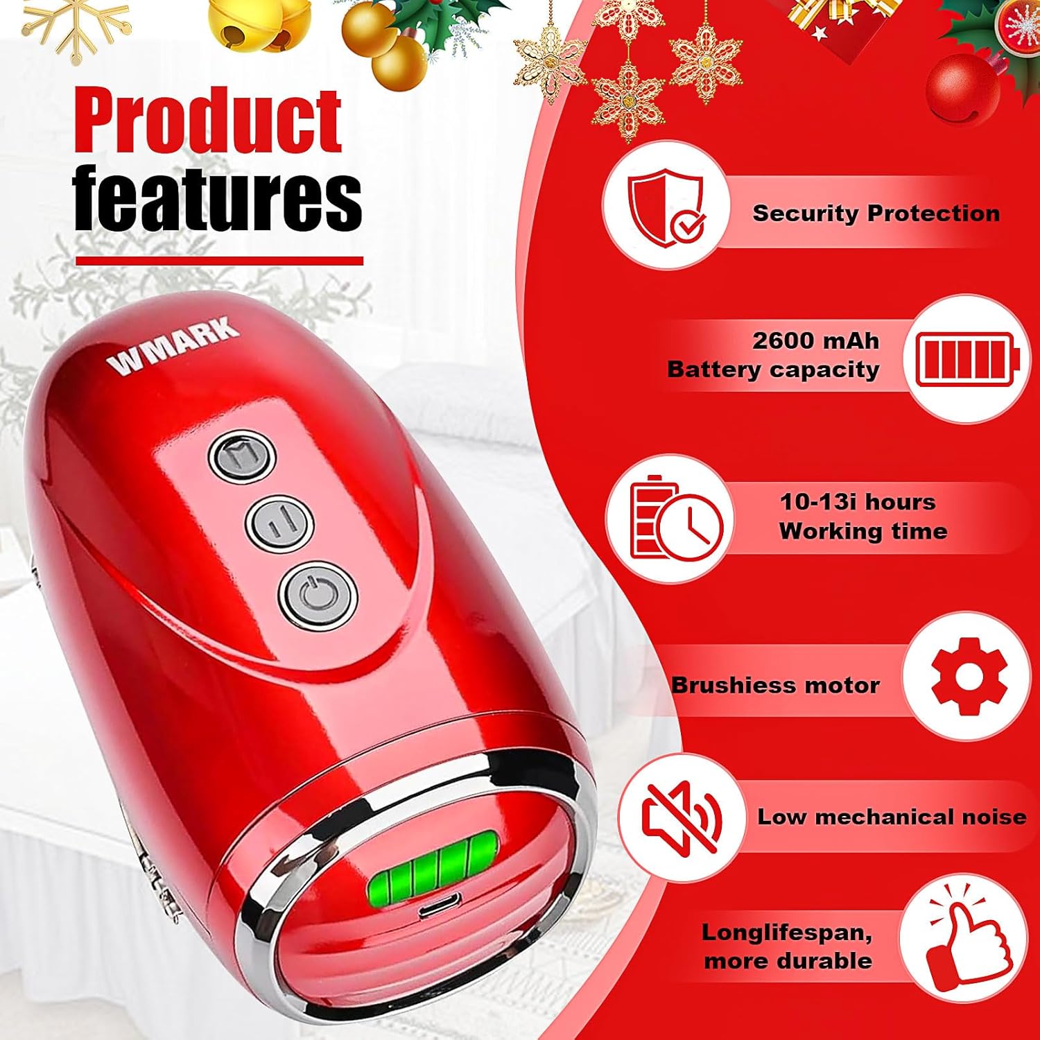 WMARK Barber Massager/Cordless HandheldMassager, Charge Neck/Legs/Hand/FaceMassager, 2 Massage Nodes 2600AMH,Red - Image 2