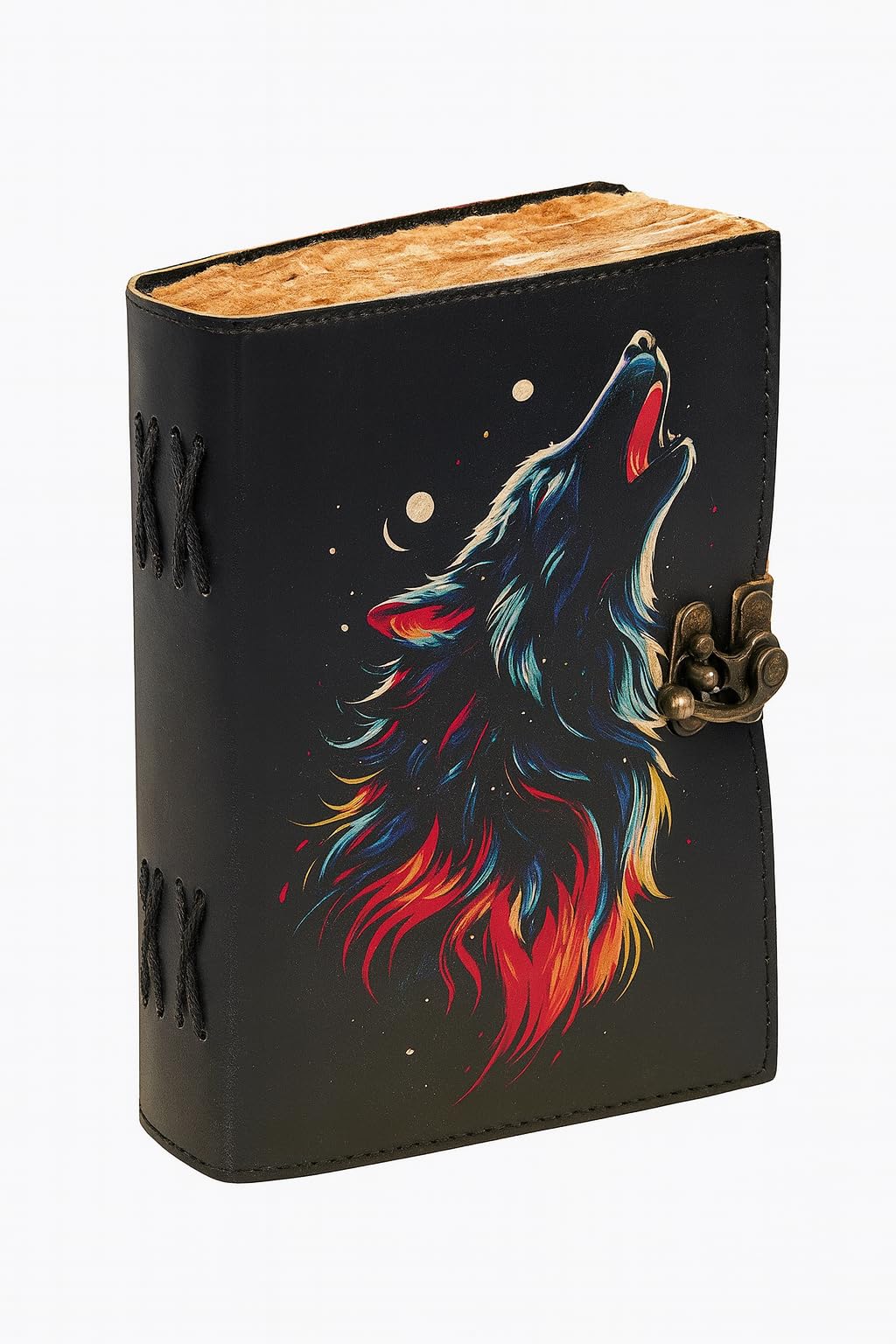 Oficart - Diario vintage in pelle, realizzato a mano, con lucchetto antico e carta di cotone ecologica, per scrittura, schizzi, viaggi, arte, poesia, spirituale e regalo (lupo cosmico)