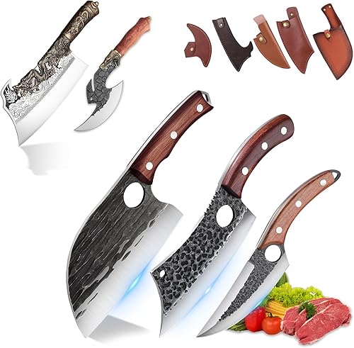 Juego de 5 cuchillos de carnicero vikingos para carnicero, juego de cuchillos vikingos de dragón para deshuesar carne, cuchillo de cocina con funda