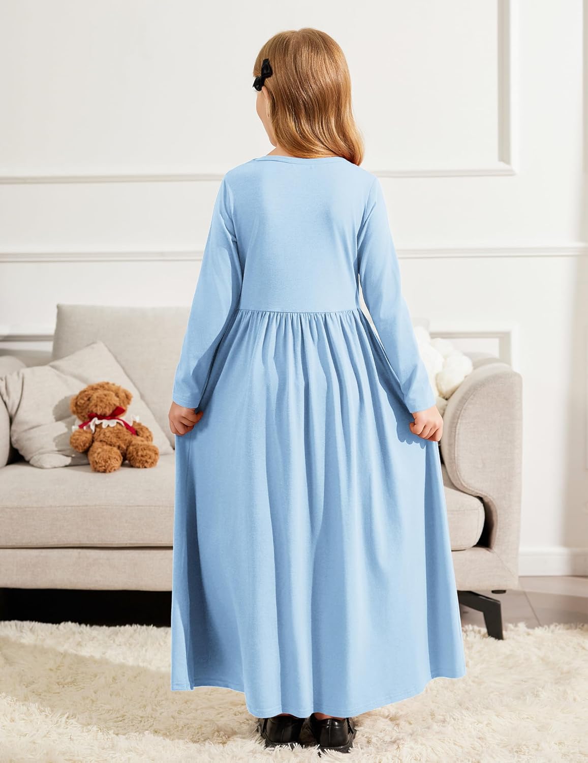 Arshiner Girls Maxi Dress Long/Short Sleeve Casual Holiday Dress with Pockets for 5-13 Years - Image 3