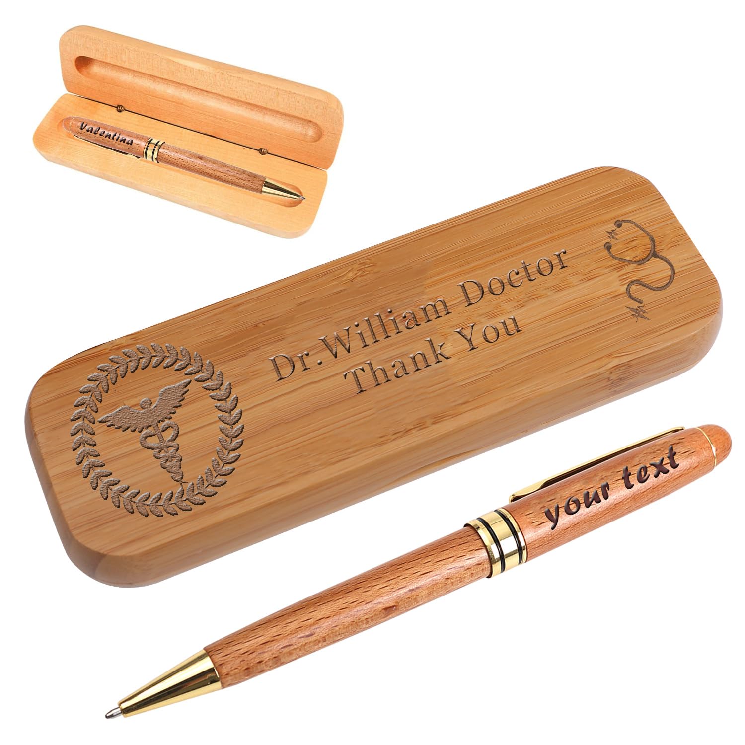 AOK Doctor Gift for Men Woman, Personalized Doctor wood pen +wood box, Medical School Graduation Gift, Doctor Appreciation Gift (Bamboo)