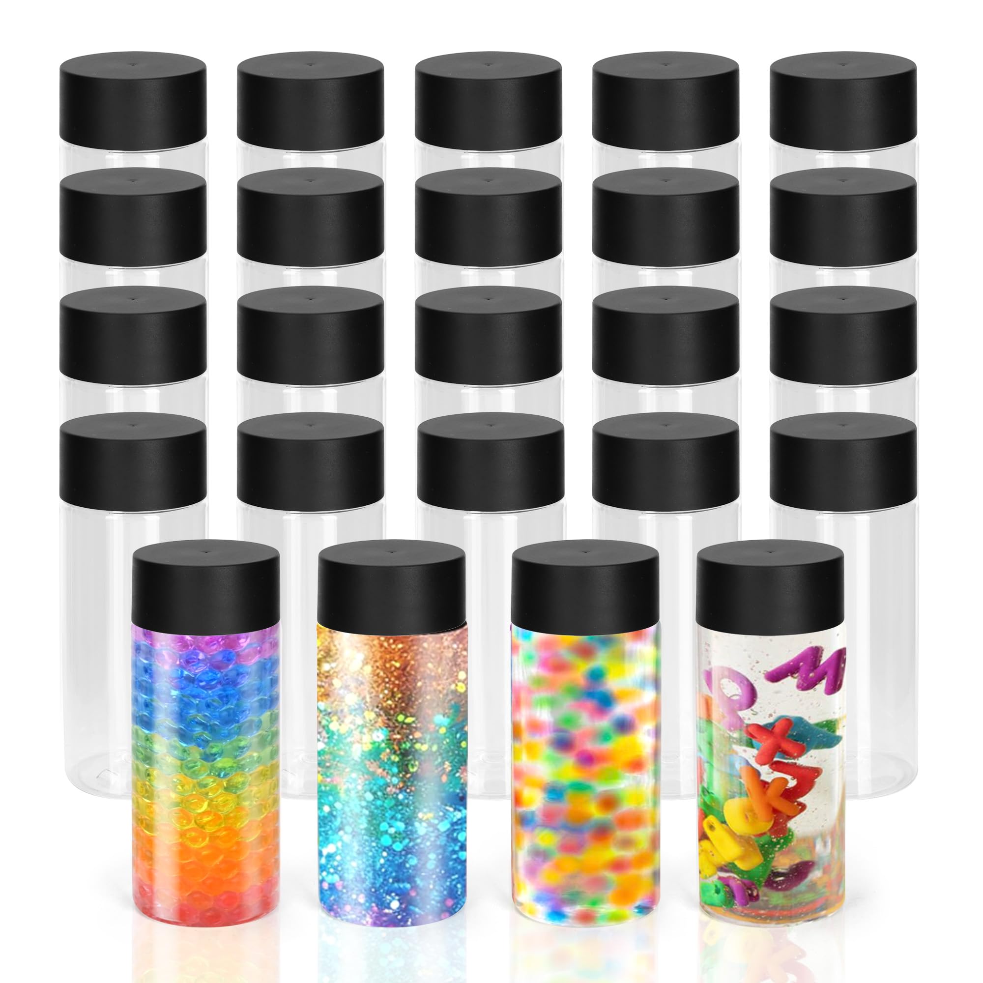 24 bottiglie sensoriali vuote in plastica trasparente con tappi, 300 ml, in plastica PET, riutilizzabili, a prova di perdite, per succhi di frutta, latte, per succhi di frutta (coperchio nero)