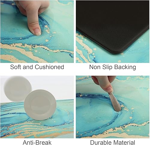 Miniatura 3 de MAYHMYO Juego de 2 alfombras y tapetes de cocina verde azulado mármol dorado antifatiga, PVC antideslizante, espuma turquesa, acolchada, para piso,