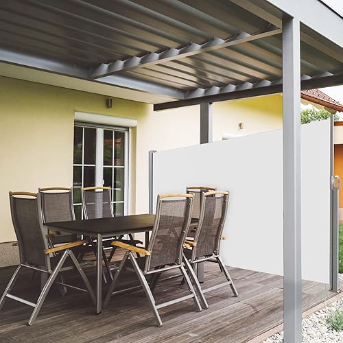 MORCOE Retractable Patio Folding Awning Privacy Screen Wall Post Mounted Outdoor Waterproof Sun Shade Fence Privacy Divider with Steel Pole, 118''x71'',Beige