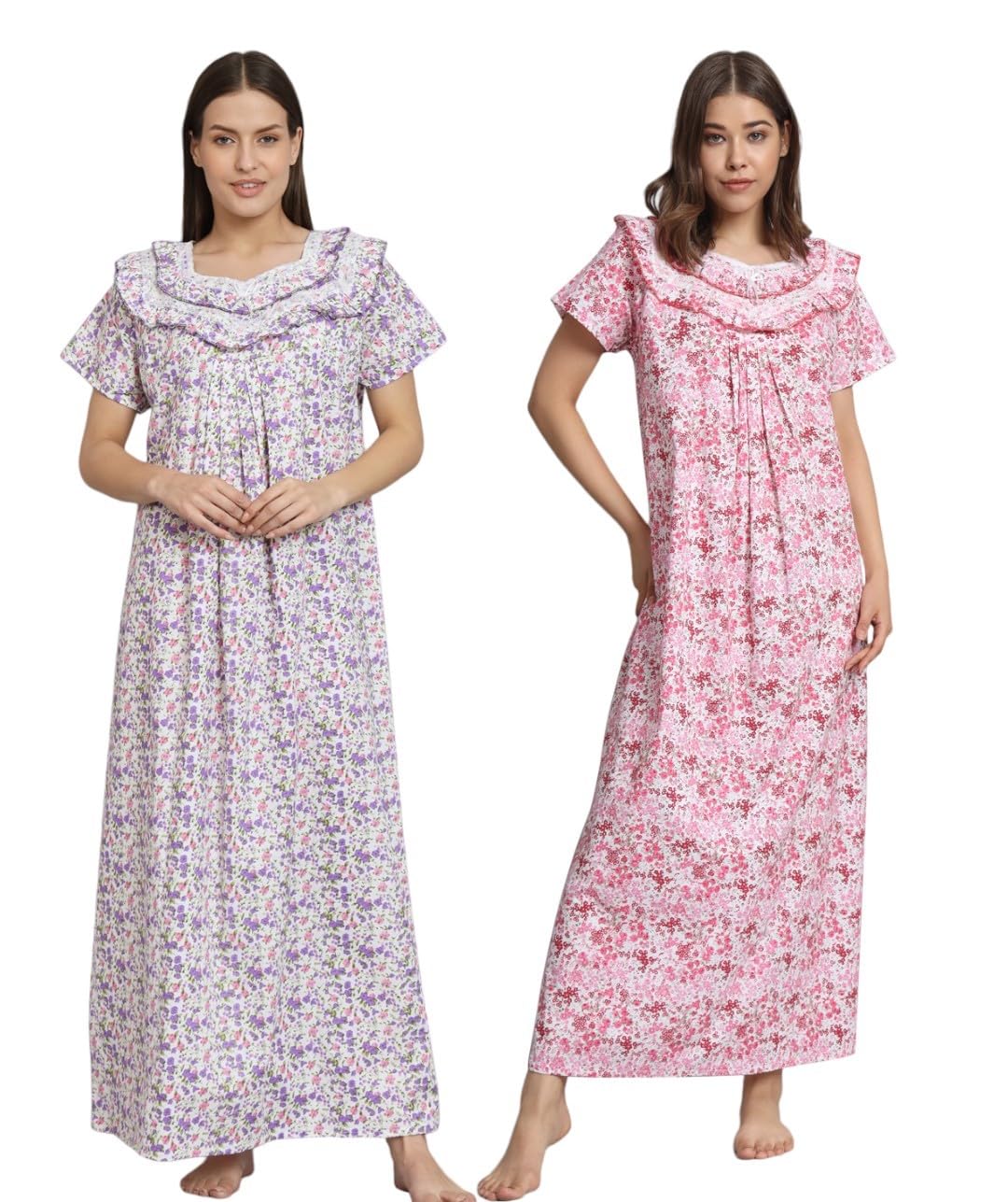 Women's 100% Cotton Printed Maxi Nightgown Long Half Sleeves Nighty Sleepwear for Ladies Purple and Pink Color 2 Pcs-picture-32