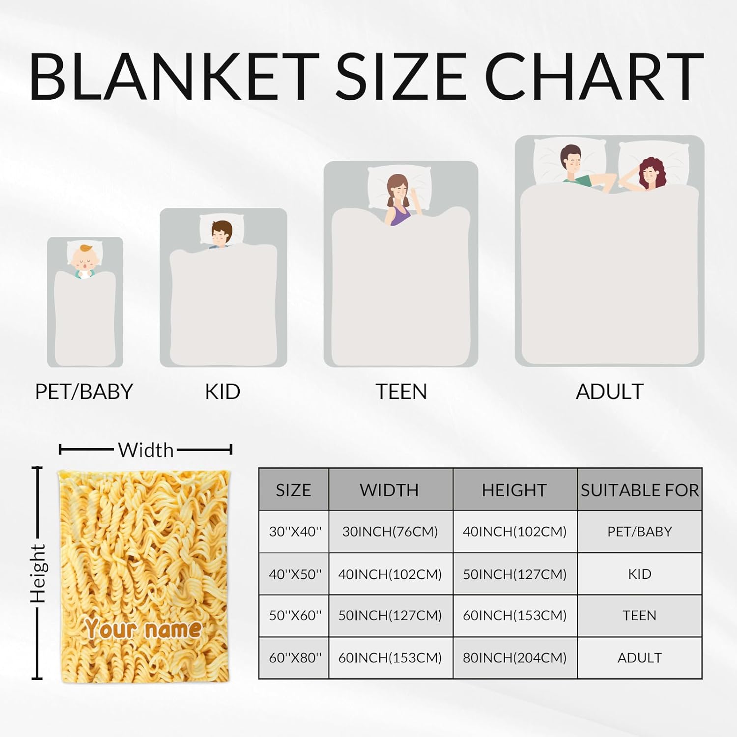 Custom Noodles Blanket for Adults - 60 x 80 Inches Twin Size Yellow Fuzzy Flannel Ramen Blankets - Funny Throw Blanket for Bed, Living Room