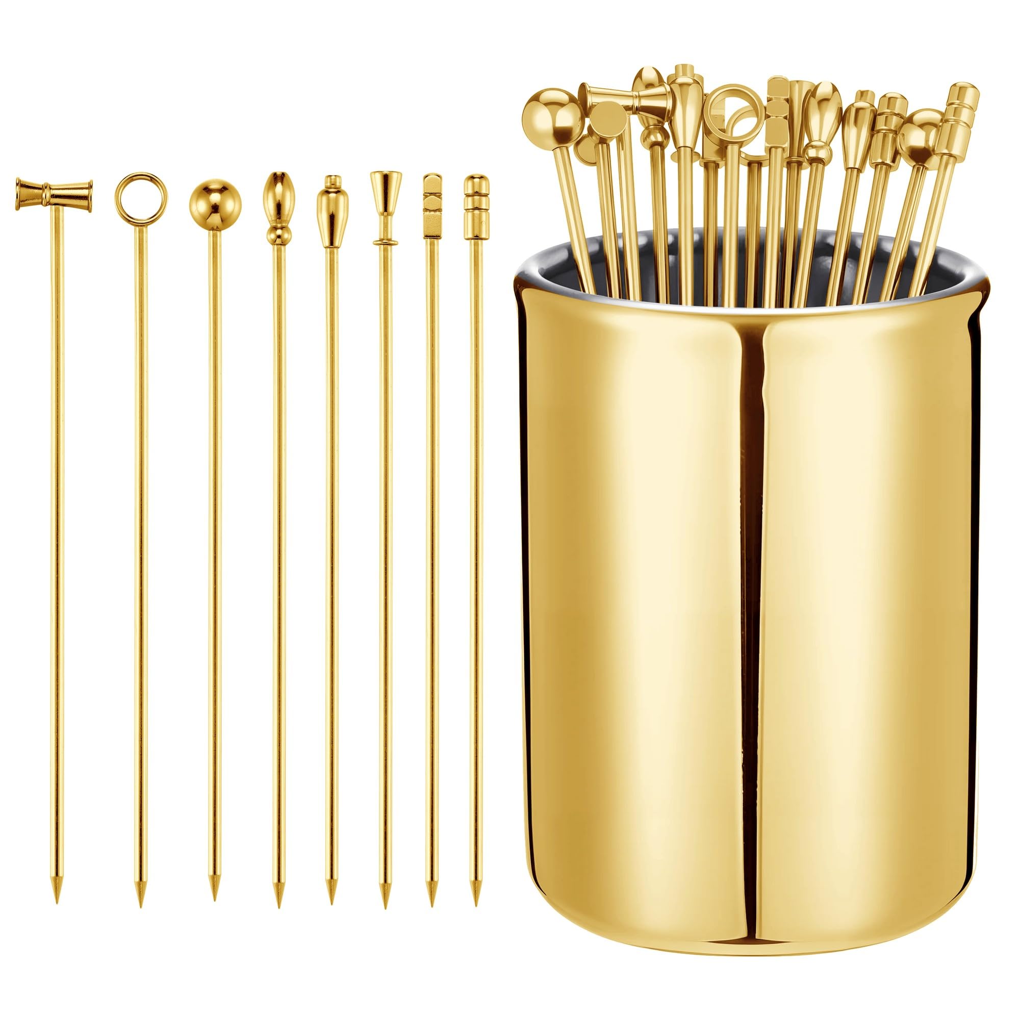 Filhome 16 Stück Cocktailspieße Edelstahl mit Behälter Wiederverwendbare Cocktail Sticks Martini-Spieße, Cocktail Picks Ideale Accessories für Snacks Fingerfood, Partyspieße, Bar (Gold)