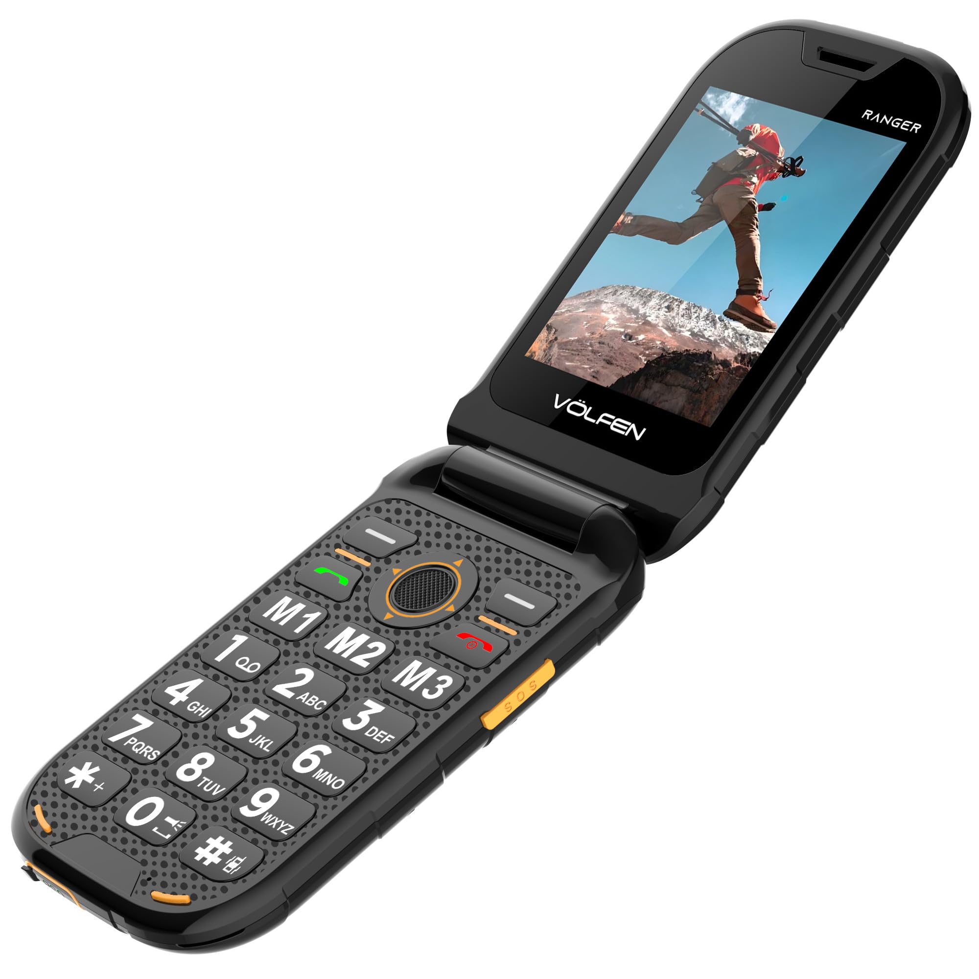 Ranger - Telefono robusto per anziani, doppio schermo, pulsanti e tasti grandi, facile da usare, USB-C, 3 memorie dirette, base di ricarica, nero/giallo
