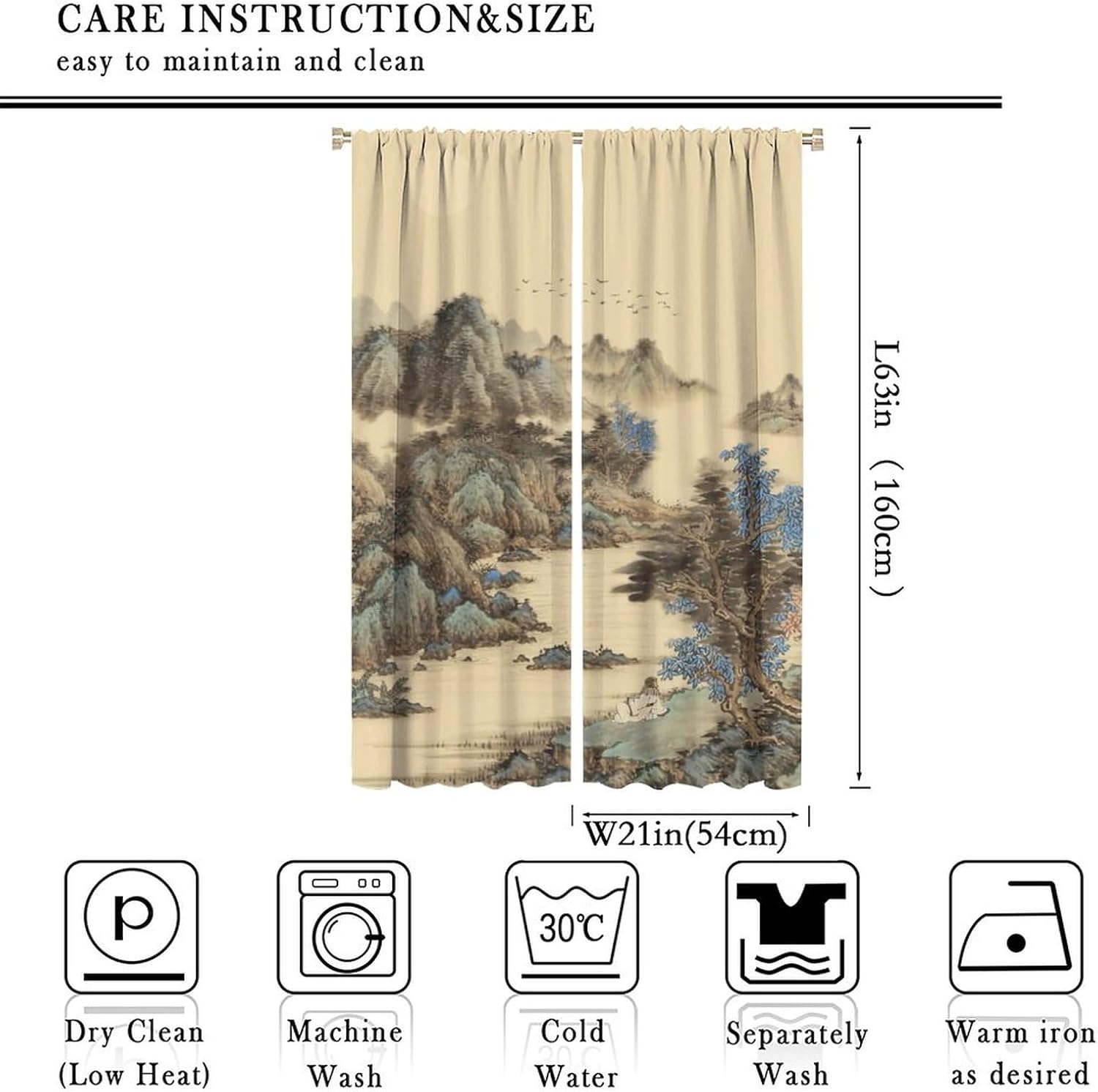 Traditional Chinese Painting Curtains for Window, Mountain River Pine Tree Nature Landscape Window Treatments for Living Room Bedroom Oriental Style Drapes 2 Panel Sets,42x63 Inch