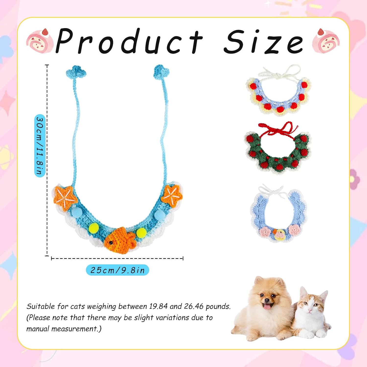 2PCS Cat Collar Breakaway, Adjustable Knit Kitten Collar with Cute Pattern for Kittens and Cats Daily Dress up (Sky Blue + Light Blue) image 2