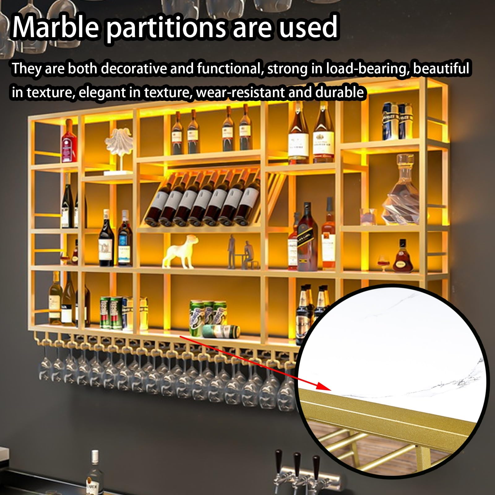 Portabottiglie da parete con luce a LED, 198,1 cm, in metallo, elegante contenitore per casa, bar, design salvaspazio, perfetto per gli amanti del vino e gli appassionati di decorazione.
