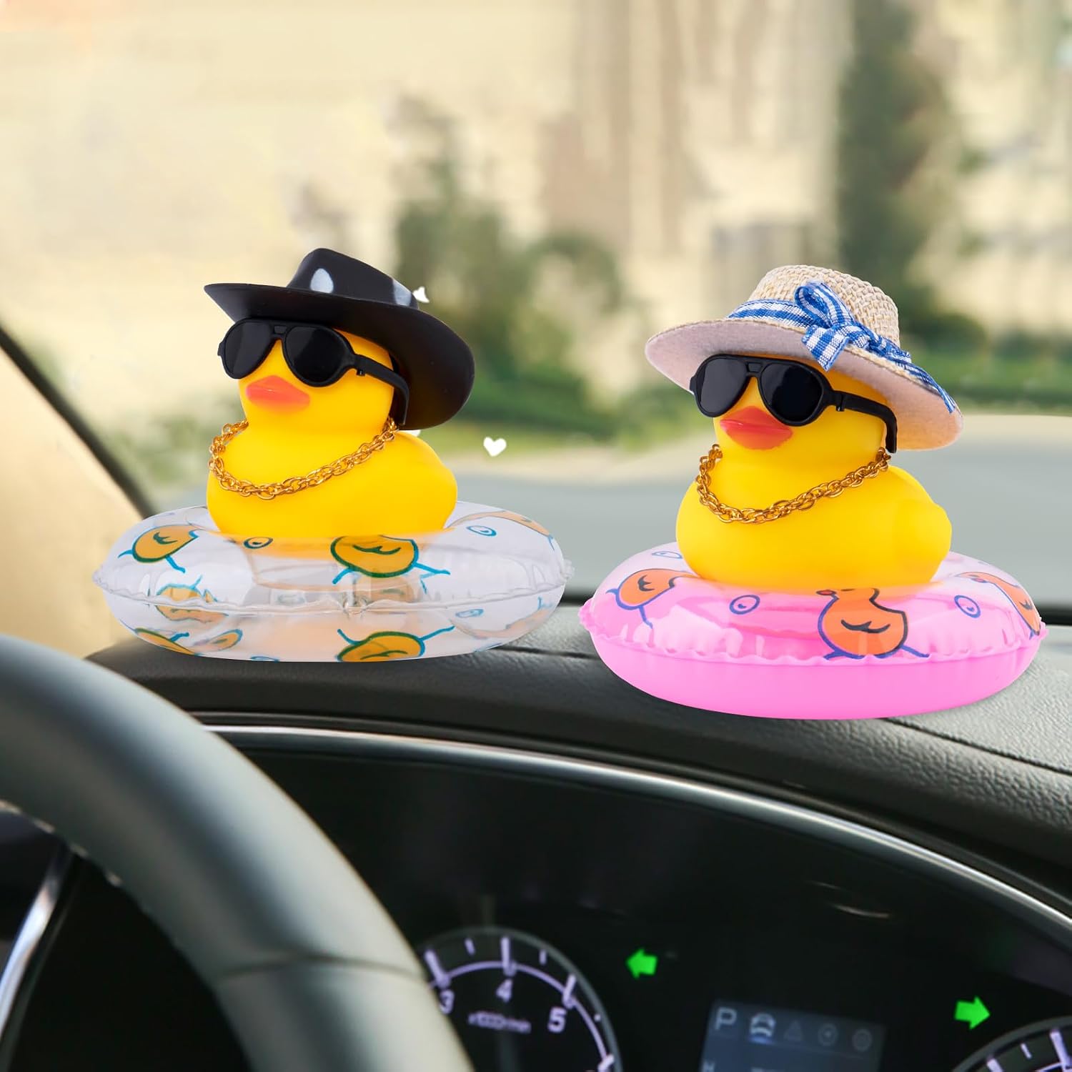 wonuu Car Rubber Duck Decoration Dashboard Ornament for Accessories with Mini Sun Hat Swim Ring Necklace Sunglasses, A-Cowboy White Spots Black&Transparent, WN113 image 5