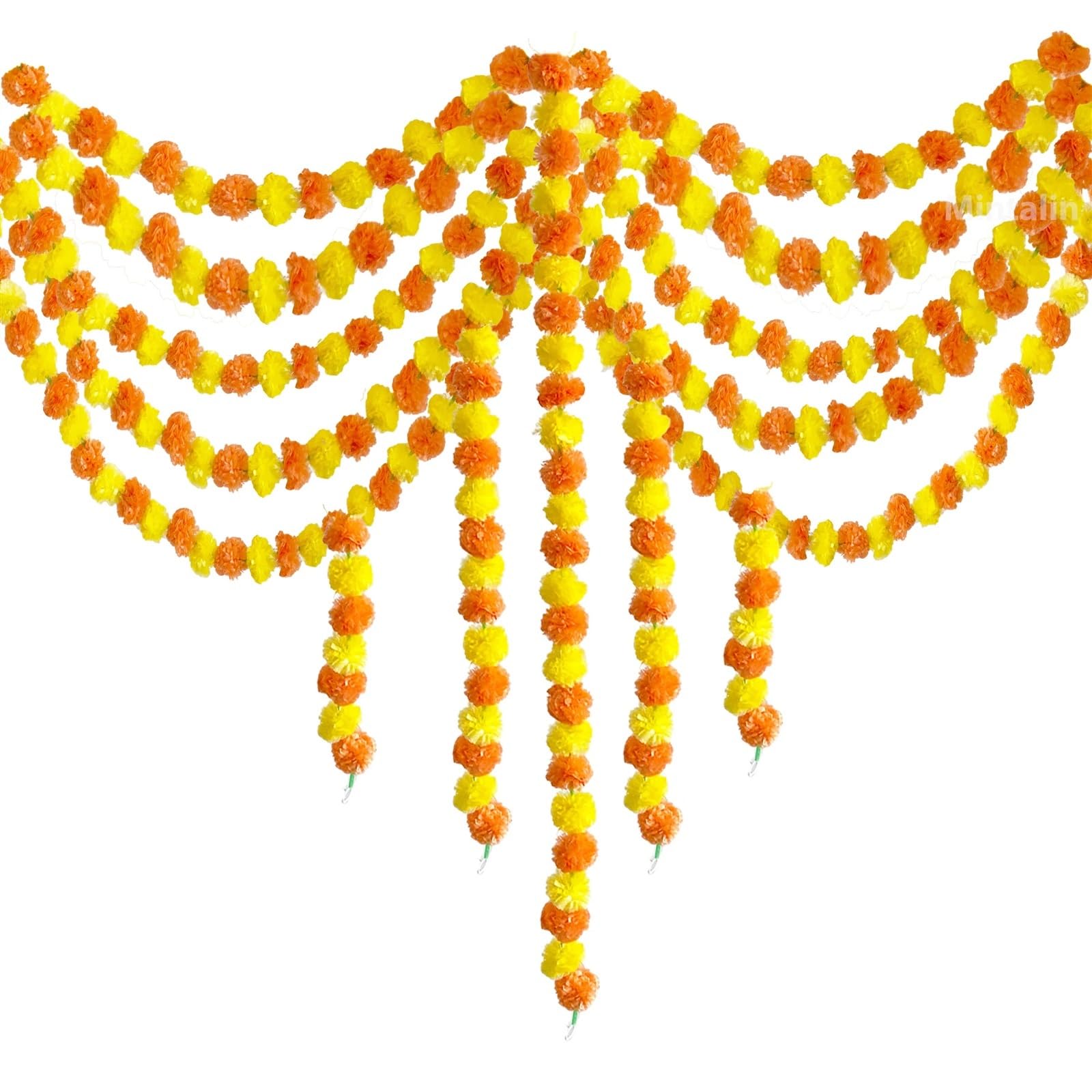 piante finte Ghirlanda di fiori calendula con зo, artificiali for Diwali Home fai da te Decorazione artigianale Festa nozze per decorazione(Roseo Yellow,5pcs)
