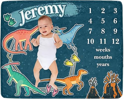Artsadd Manta de hito mensual personalizada para bebé con nombre, manta de vellón personalizada con estampado de dinosaurio para baby shower,