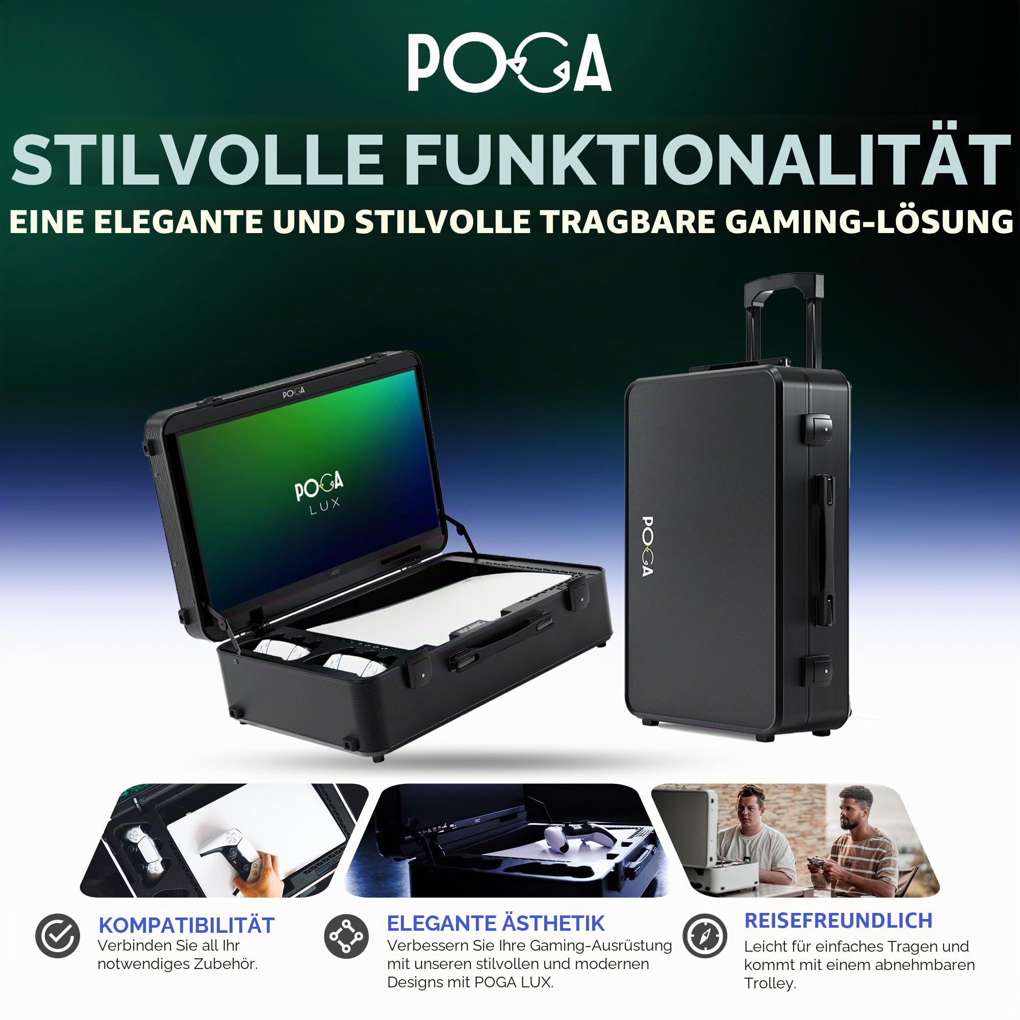 POGA Lux Black – Tragbarer Gamingkoffer (kompatibel mit PlayStation 5) mit integriertem 24″ AOC Gaming Monitor, Trolley & Reisekoffer-Design – Schwarz