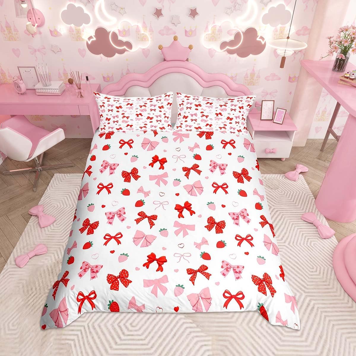 Homemissing Cute Bow Bedding Set Cot Size Kids Strawberry Comforter Cover for Boys Girls Teens Red Bowknot Duvet Cover Breathable Soft Lightweight Microfiber Kawaii Room Decor