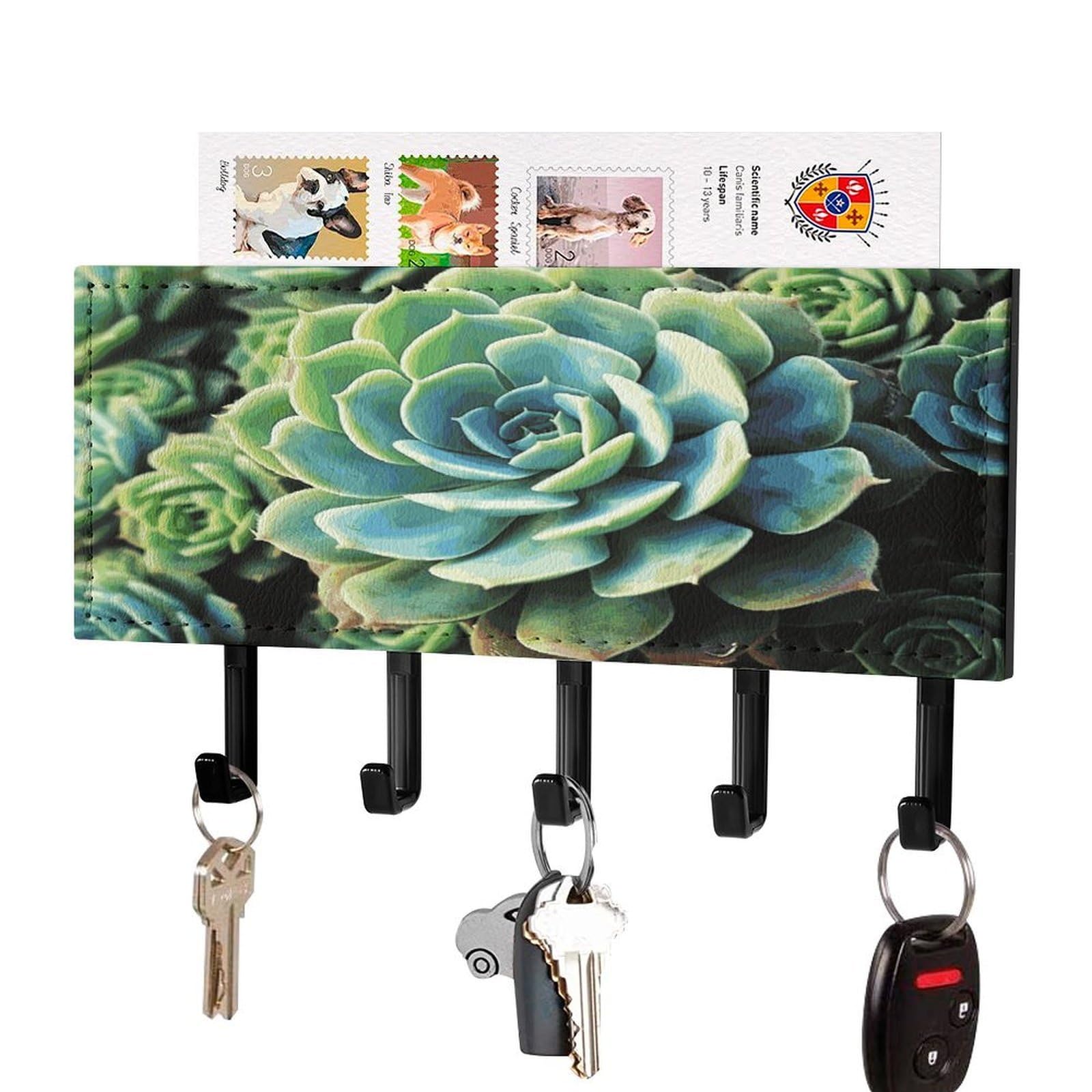 LDGSUPH Succulent Plants Key Holder Wall Mount Key Hanger with 5 Hooks Fashion Key Organizer Rack Hanging Key Hooks with Mail Organizer Key Rack for Home Entryway Hallway Black-Style