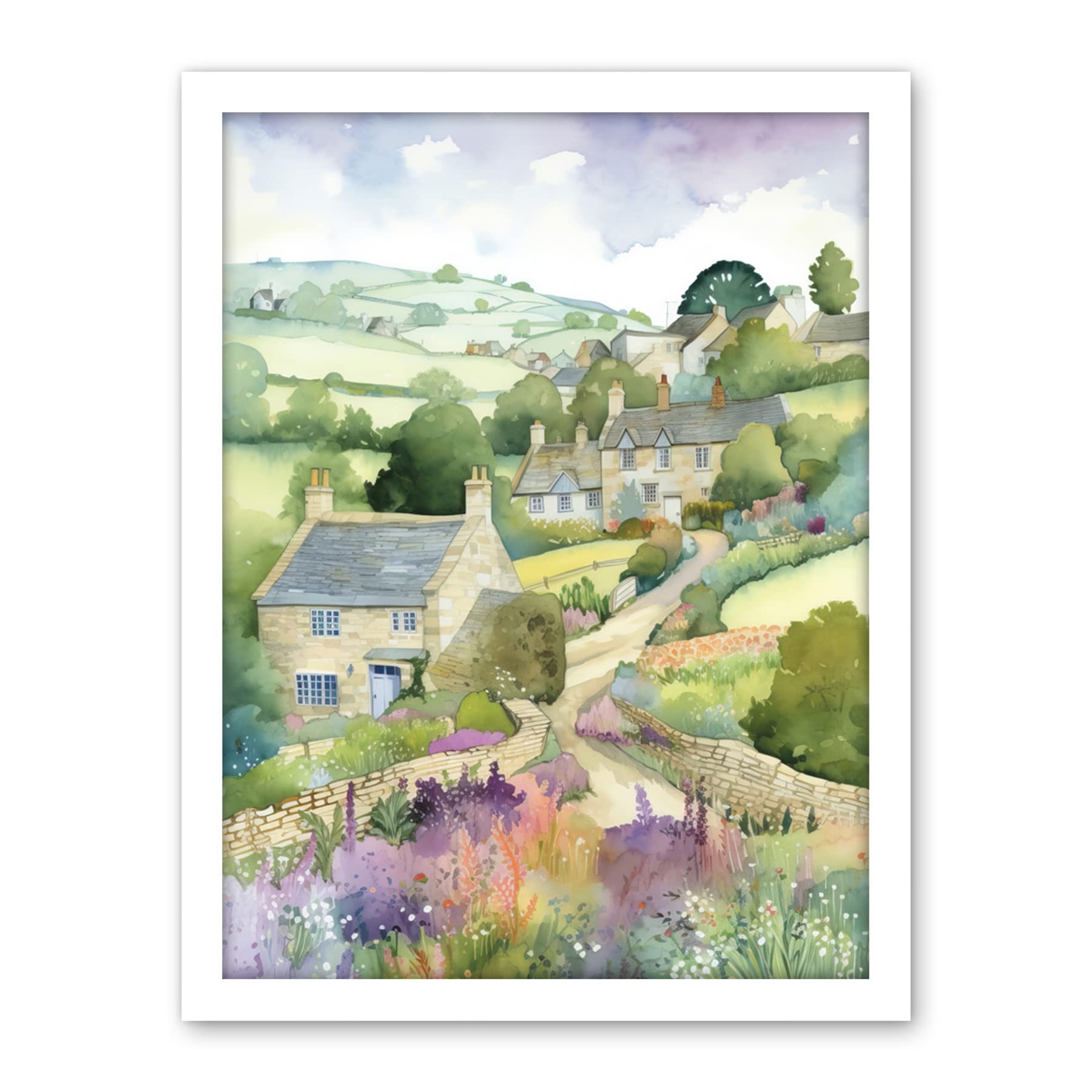 Artery8 Countryside Spring Landscape with Cottages Modern Watercolour Painting Artwork Framed Wall Art Print 18X24 Inch